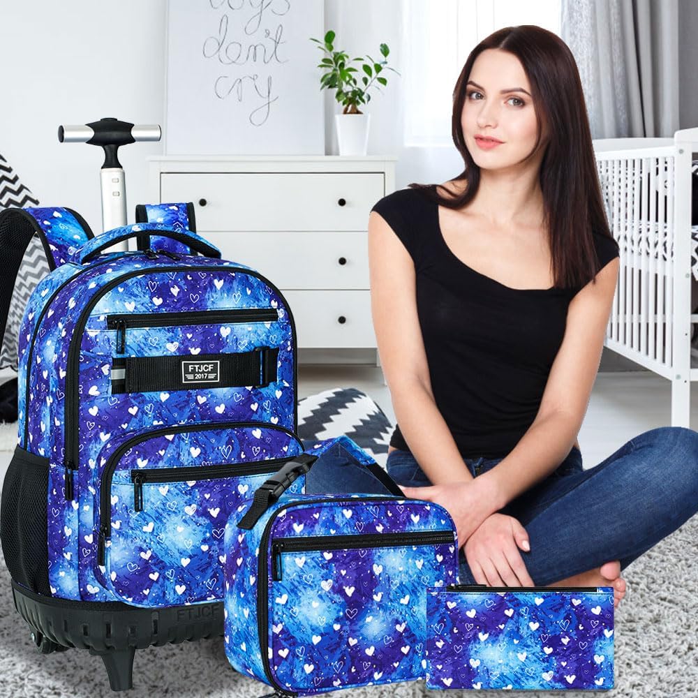 3Pcs Rolling Backpack for Girls Women, Travel Roller Backpacks with Wheels for Adults, Teens College Love Polka Dots Wheeled Bookbag with Lunch Box(Blue)
