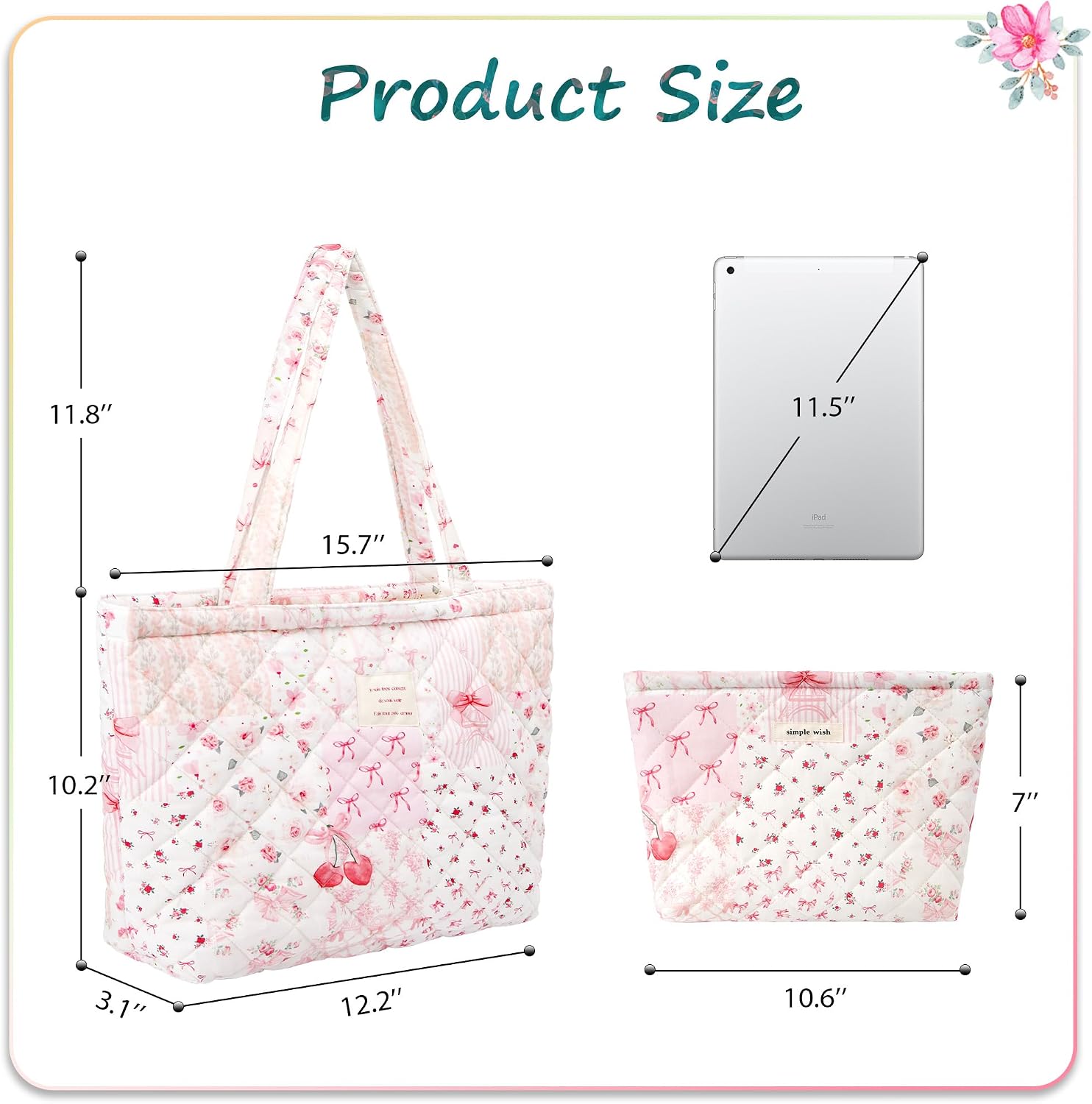 Floral Puffer Tote Bag Set for Women, Quilted Cotton Shoulder Bag with Zippered Pouch, Small Cute Totes