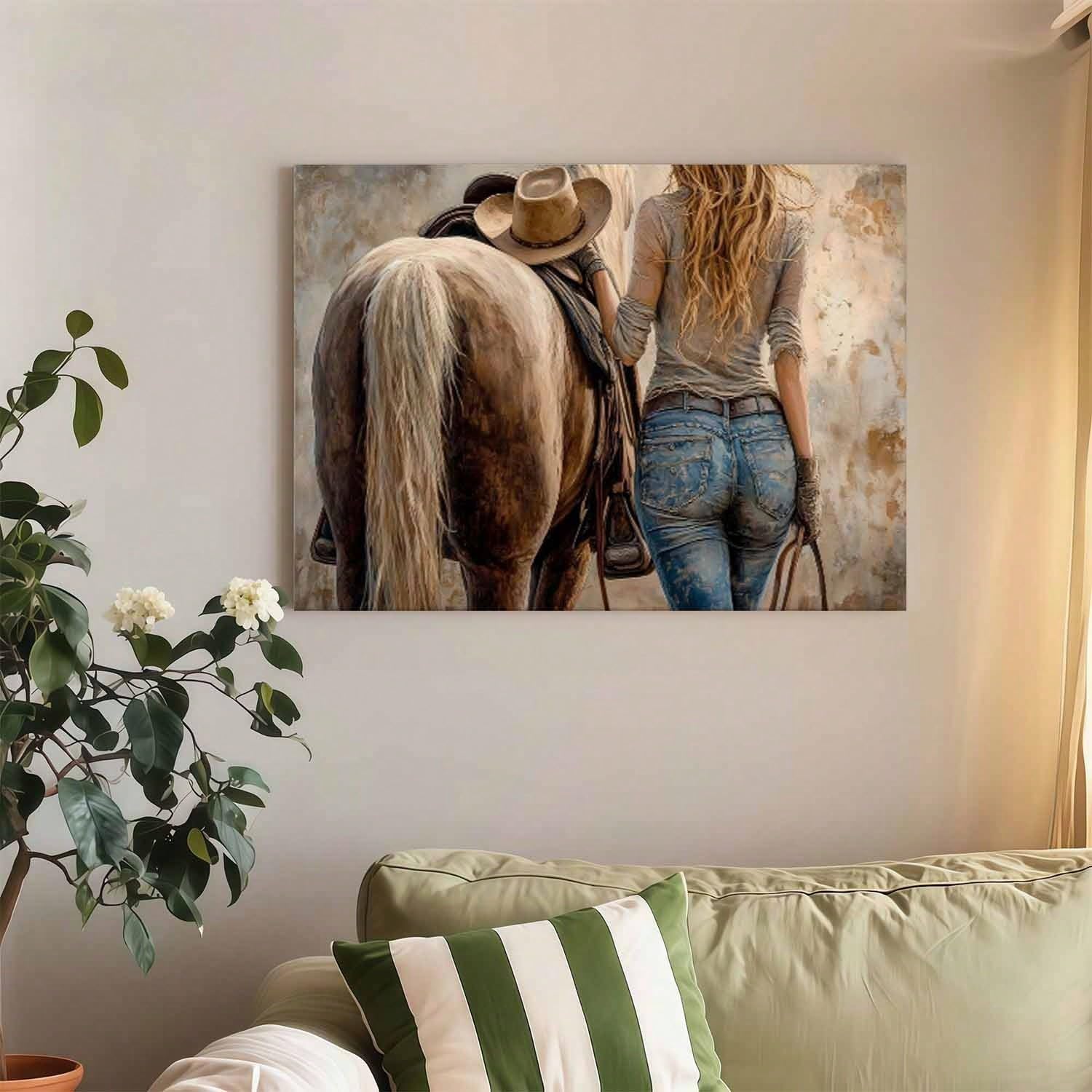 LYBCEOUG Wanddeko „Cowgirl“, Leinwanddruck „Reiterin mit Pferd“, Schlafzimmer-/Wohnzimmerdekoration (50 x 70 cm/mit Rahmen)