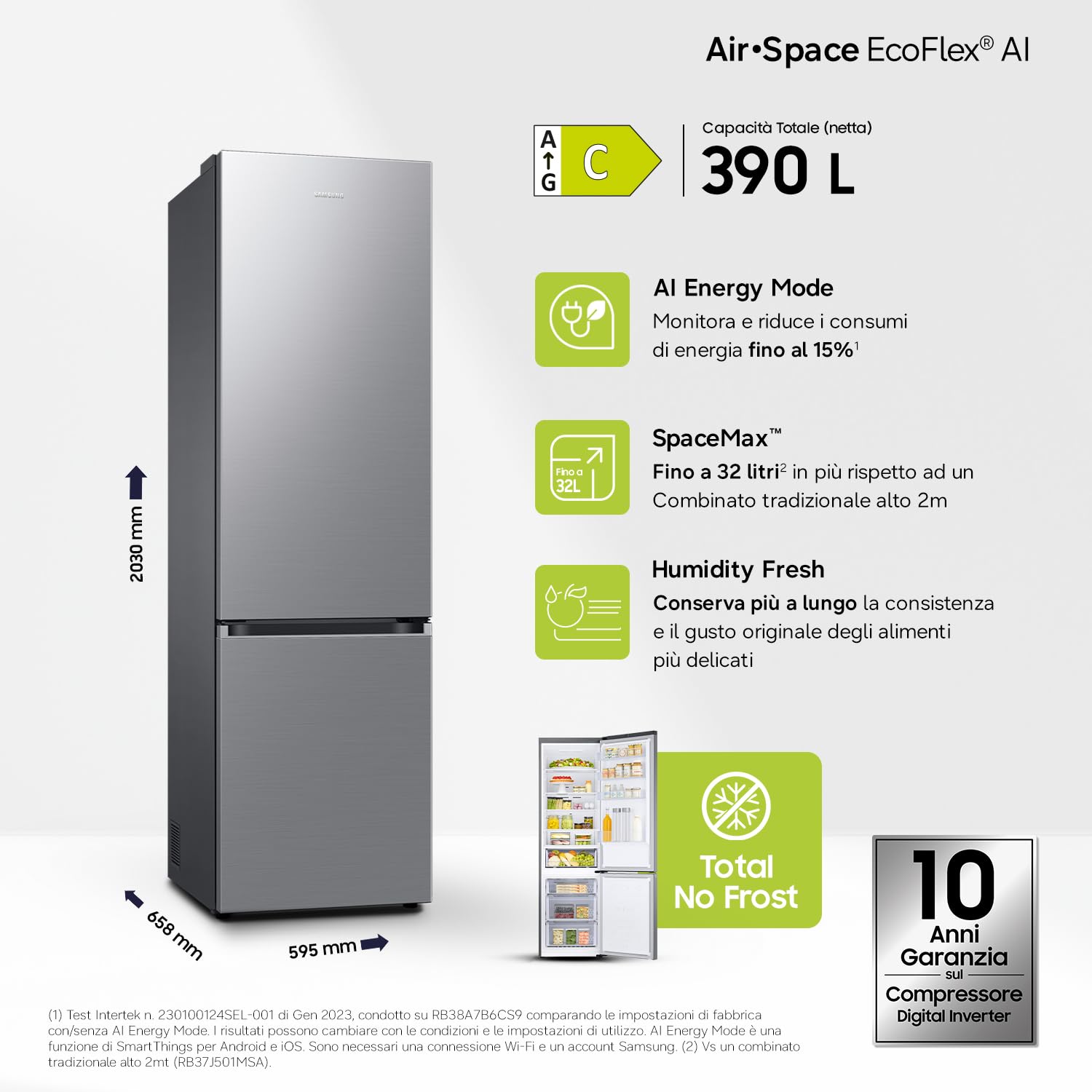 SAMSUNG Réfrigérateur combiné RB38C600CS9_EF Classe C No Frost 390L