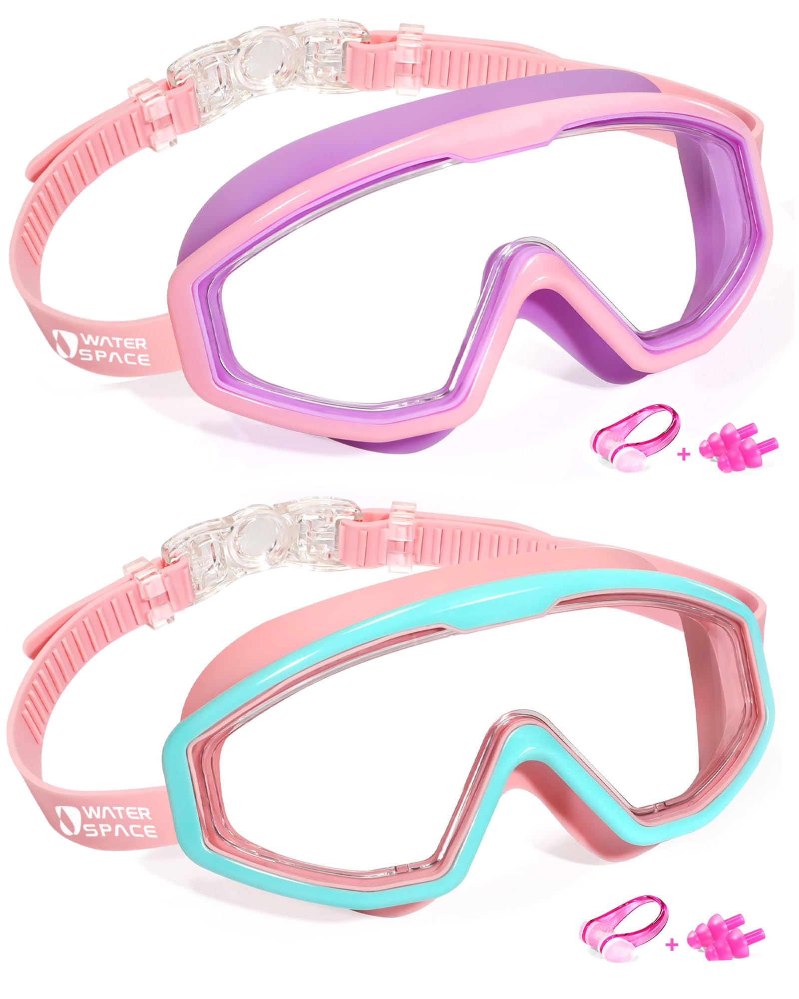 Water Space 2 Pack Swim Goggles for Kids 6-14, Toddler Swimming Goggles for Kids Youth Girls Boys Aged 3-6 4-7 8-12, Anti-fog Waterproof Clear Wide Vision, No-Leaking Pool Underwater Goggles
