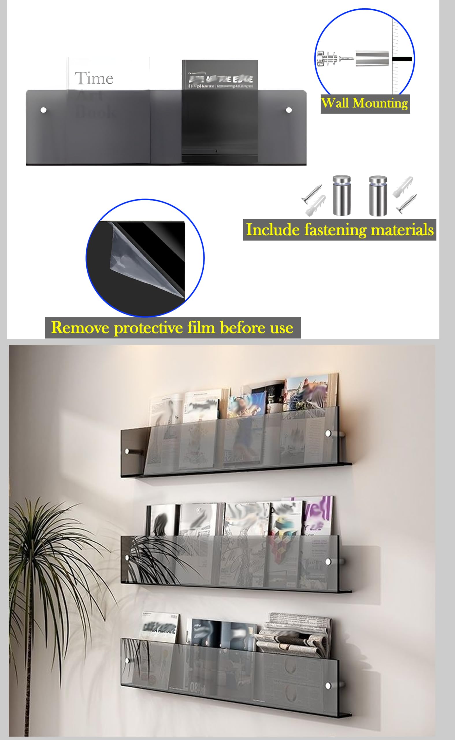 TUKA-i-AKUT 2X 60cm Portariviste da Parete, Acrilico Extra Resistente, Mensole Portabrochure Paret, Scaffale da Paret Riviste Giornali Opuscoli Libri, Supporto da Parete Nero TKD8256-60cm-2x
