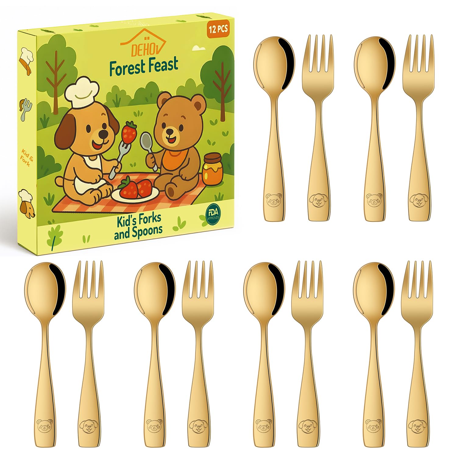 Gold Toddler Fork and Spoon Set, 12 Piece Stainless Steel Kid's Cutlery Set, Metal Small Spoon and Forks for Children, Kids' Eating Utensils Set