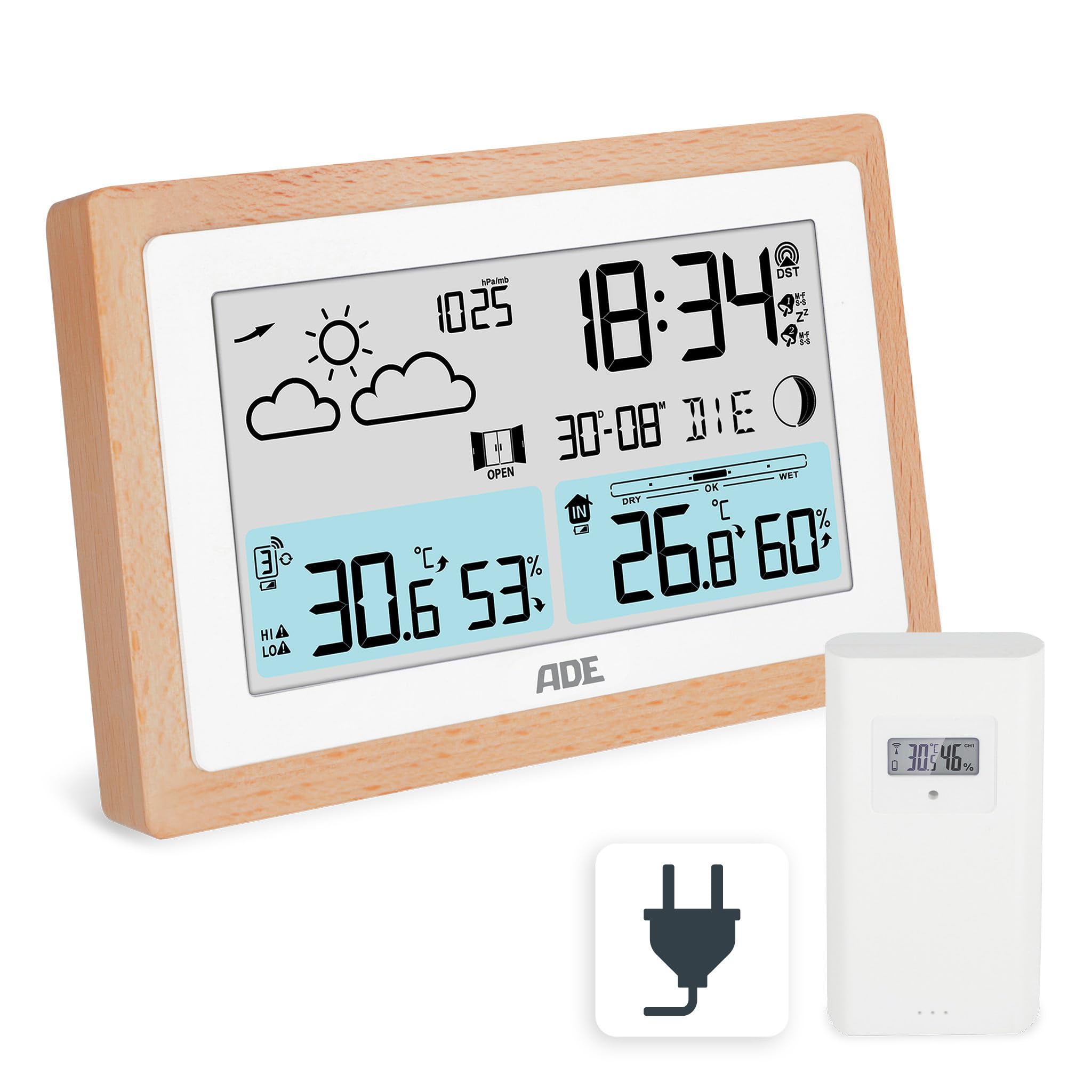 ADE Stazione meteorologica digitale con sensore esterno | temperatura interna/esterna | igrometro, barometro, previsioni tempo | raccomandazione di ventilazione | sveglia | alimentatore incl.