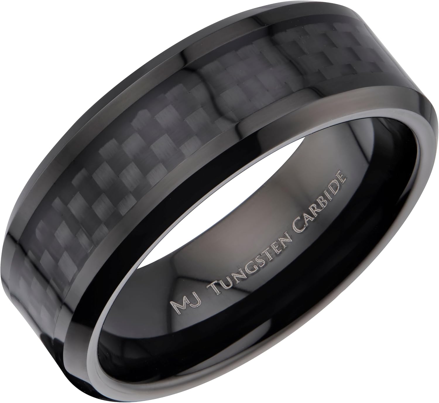 Custom Engraved 6mm or 8mm Mirror Polished or Black Plated Tungsten Carbide COMFORT FIT Wedding Band Black Carbon Fiber Inlay Ring