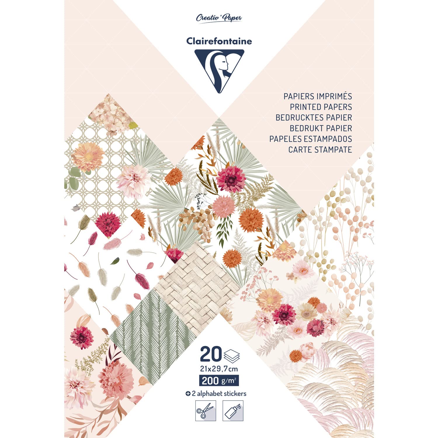 Papier Scrapbooking Clairefontaine - 20 Feuilles A4 Motifs Romantiques 160g/m² + Étiquettes
