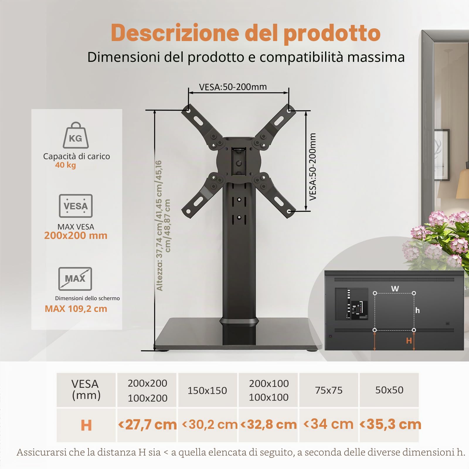 Supporto TV universale girevole/Base TV da tavolo per TV da 19 pollici a 39 pollici con girevole da 90 gradi, base in vetro temperato ad alta resistenza regolabile a 4 livelli, resistente a 35 kg.