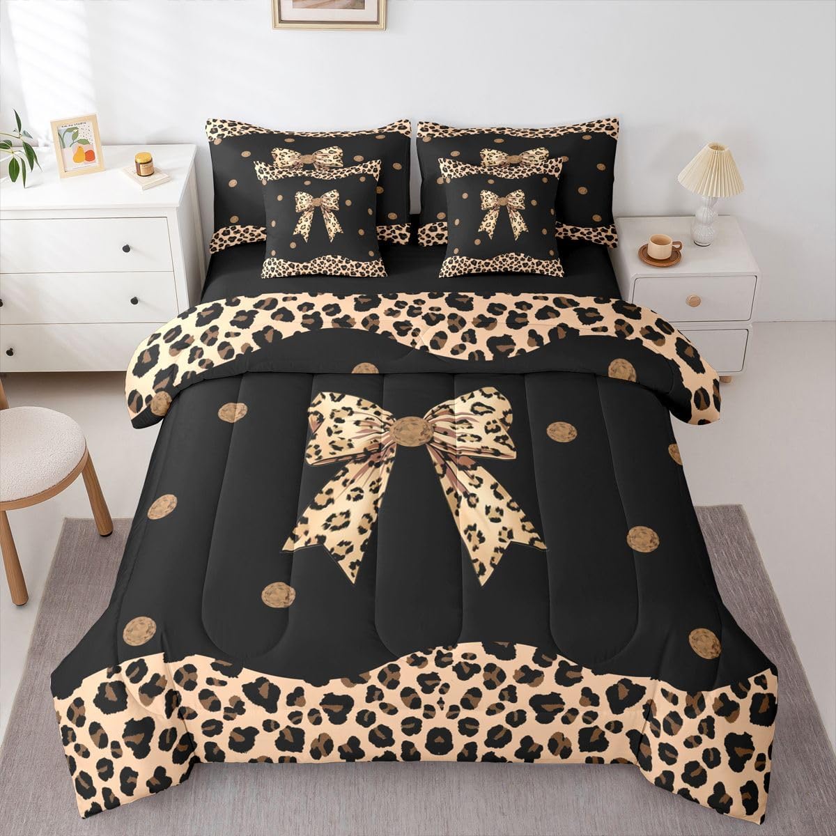 Feelyou Brown Leopard Bowknot Comforter Set with Sheets 7 Piece Queen Size Girls Princess Bow Bedding Set for Kids Boys Girls Cheetah Bed in a Bag Bow Tie Room Decor Soft Lightweight Microfiber
