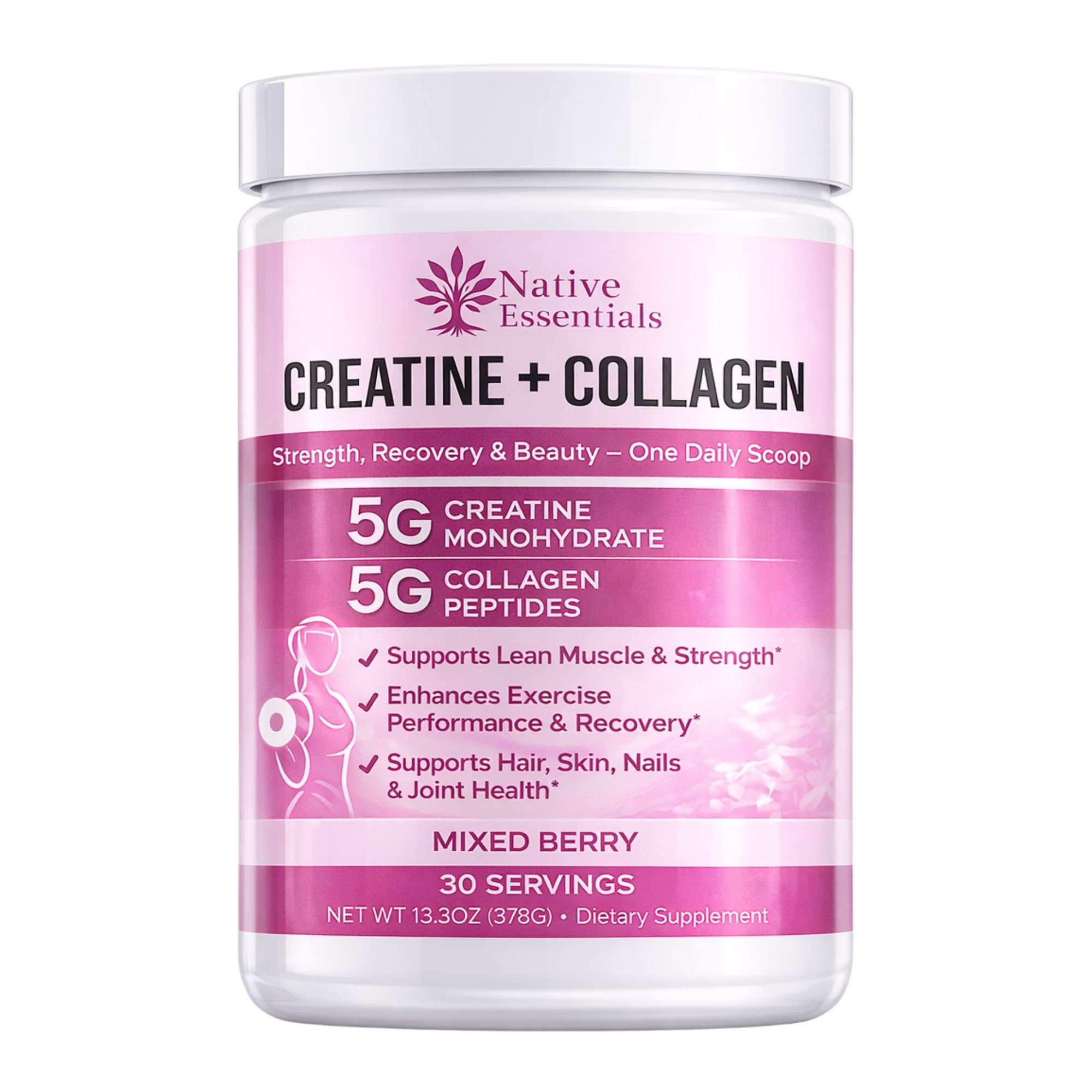 Native Essentials Creatina para mulheres com creatina monohidratada e peptídeos de colágeno hidrolisado, 5 g + 5 g, 333 g