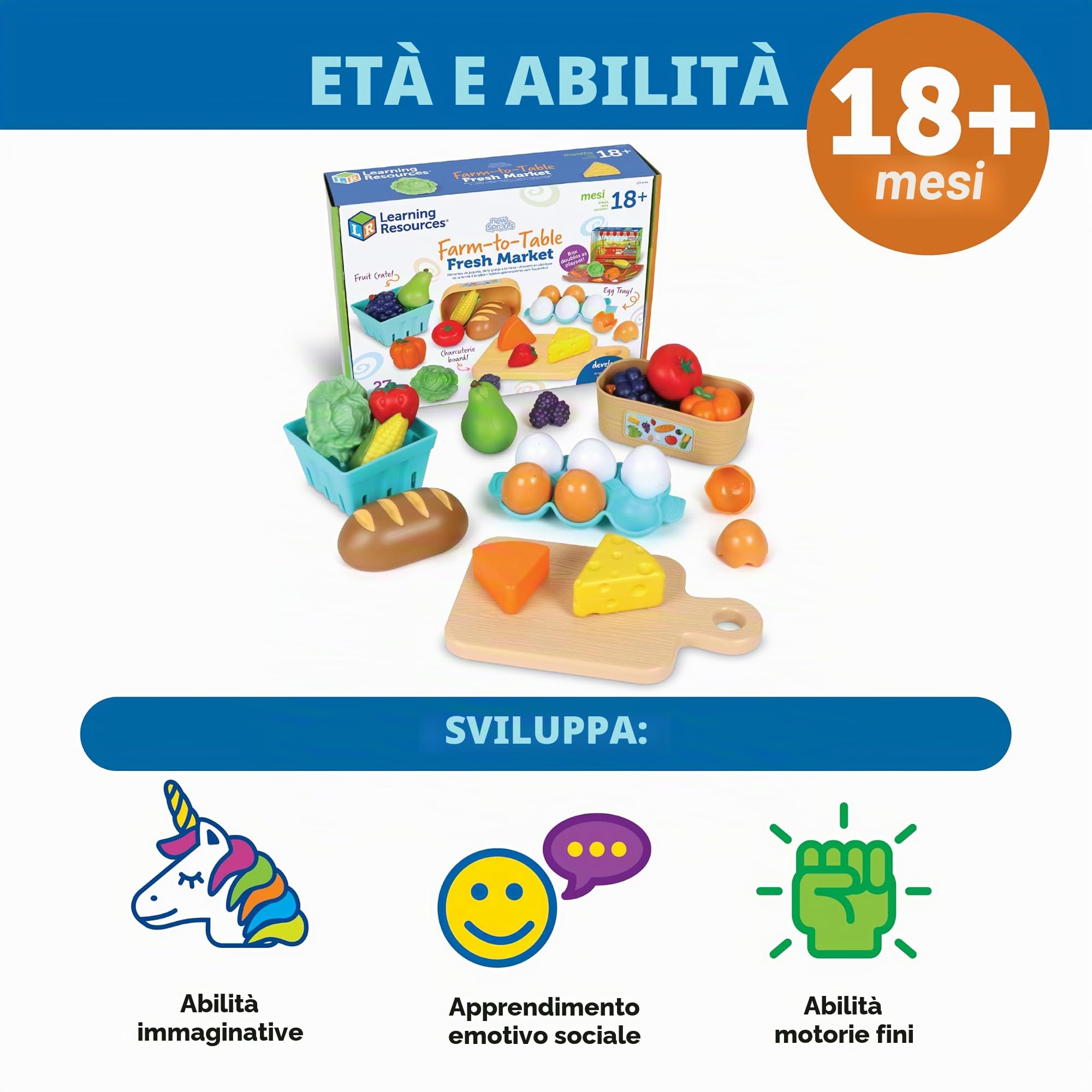 Learning Resources New Sprouts Mercato dalla Fattoria alla Tavola, età 18 Mesi+, Giocattoli per Bambino o Bambina di 2 Anni, Cibo Giocattolo, 27 Pezzi