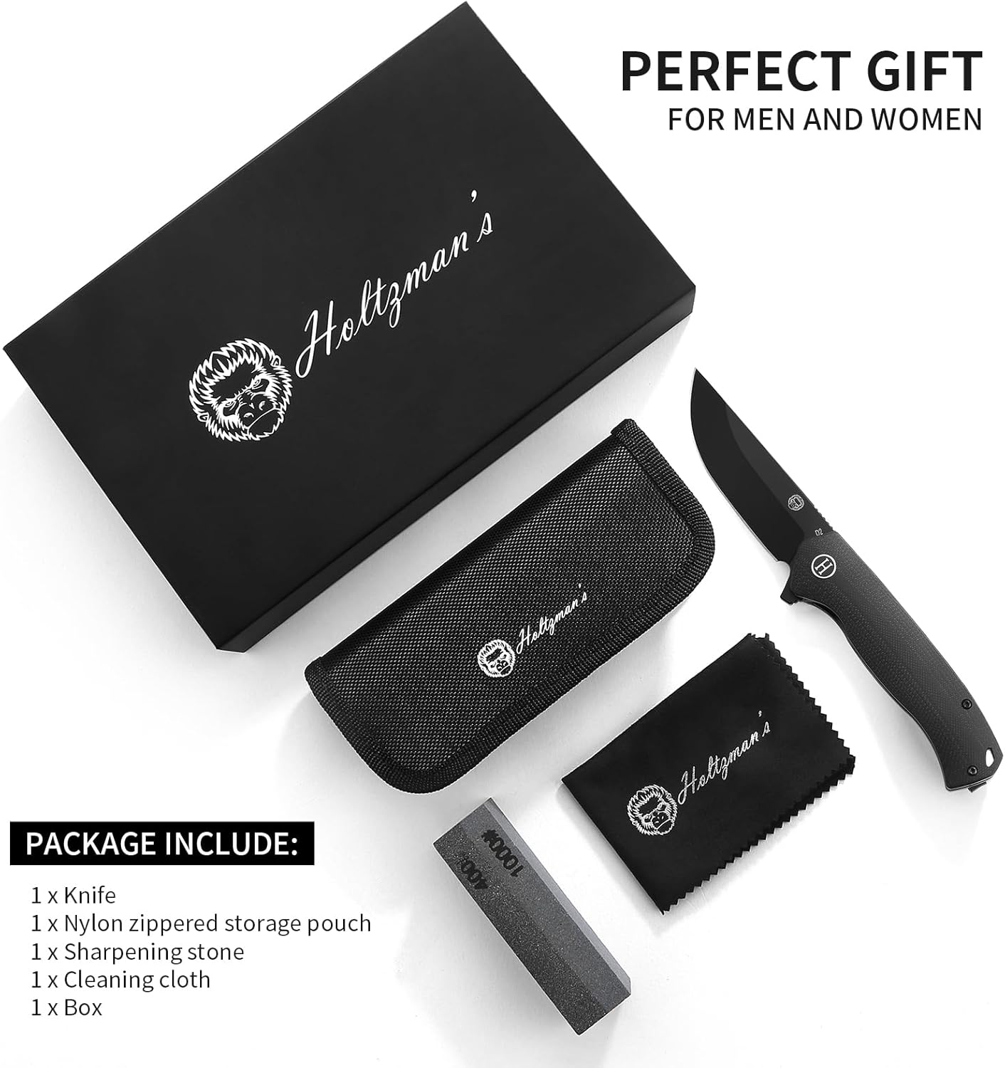 Holtzman's Gorilla Survival Pathfinder Folding Knife with G10 Handle and D2 Steel Blade, Gift Box Set (Black+Blue) - Ideal for Everyday Carry