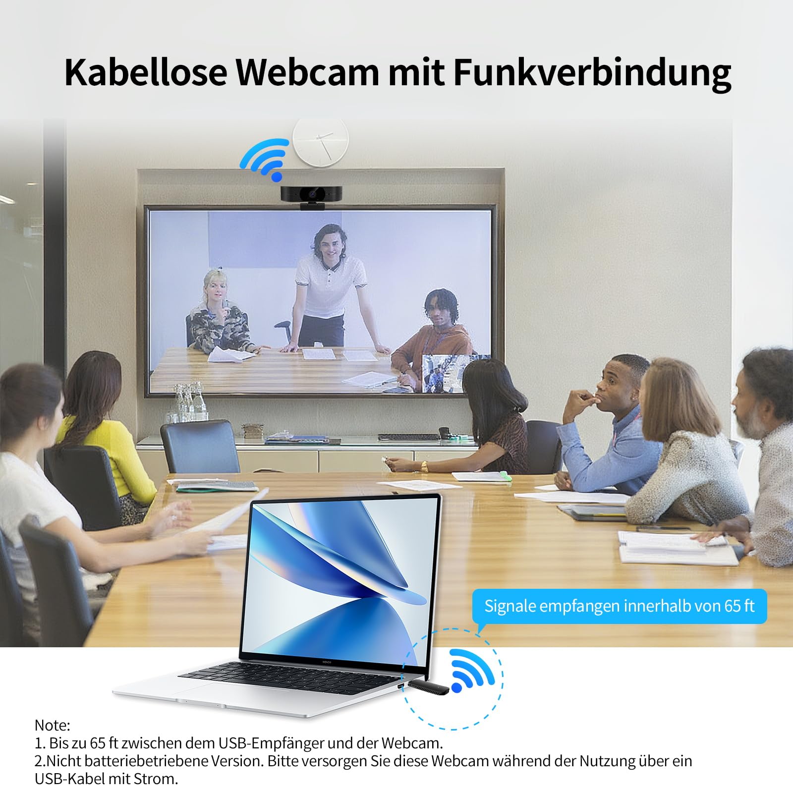 1080P Wireless Webcam für PC, Webcam mit geräuschreduzierendem Mikrofon, 92°FOV, 360° Drehung, Plug and Play, kabellose Kamera für Konferenzbesprechungen (USB-Kabel Stromversorgung)