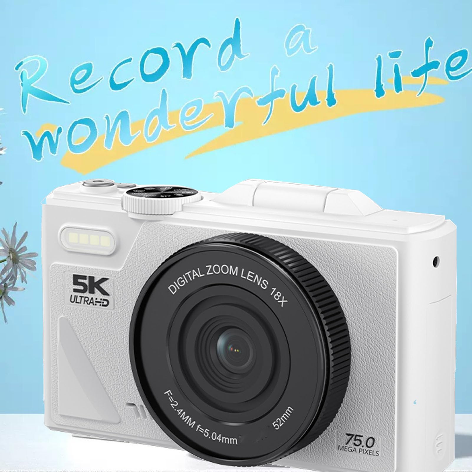 Annadue Appareil Photo Numérique 5K pour la Photographie, 75 MP, Zoom 18X, étanche, WiFi, avec écran Rabattable à 180 Degrés de 3 Pouces, pour Débutants, Adolescents et (White)