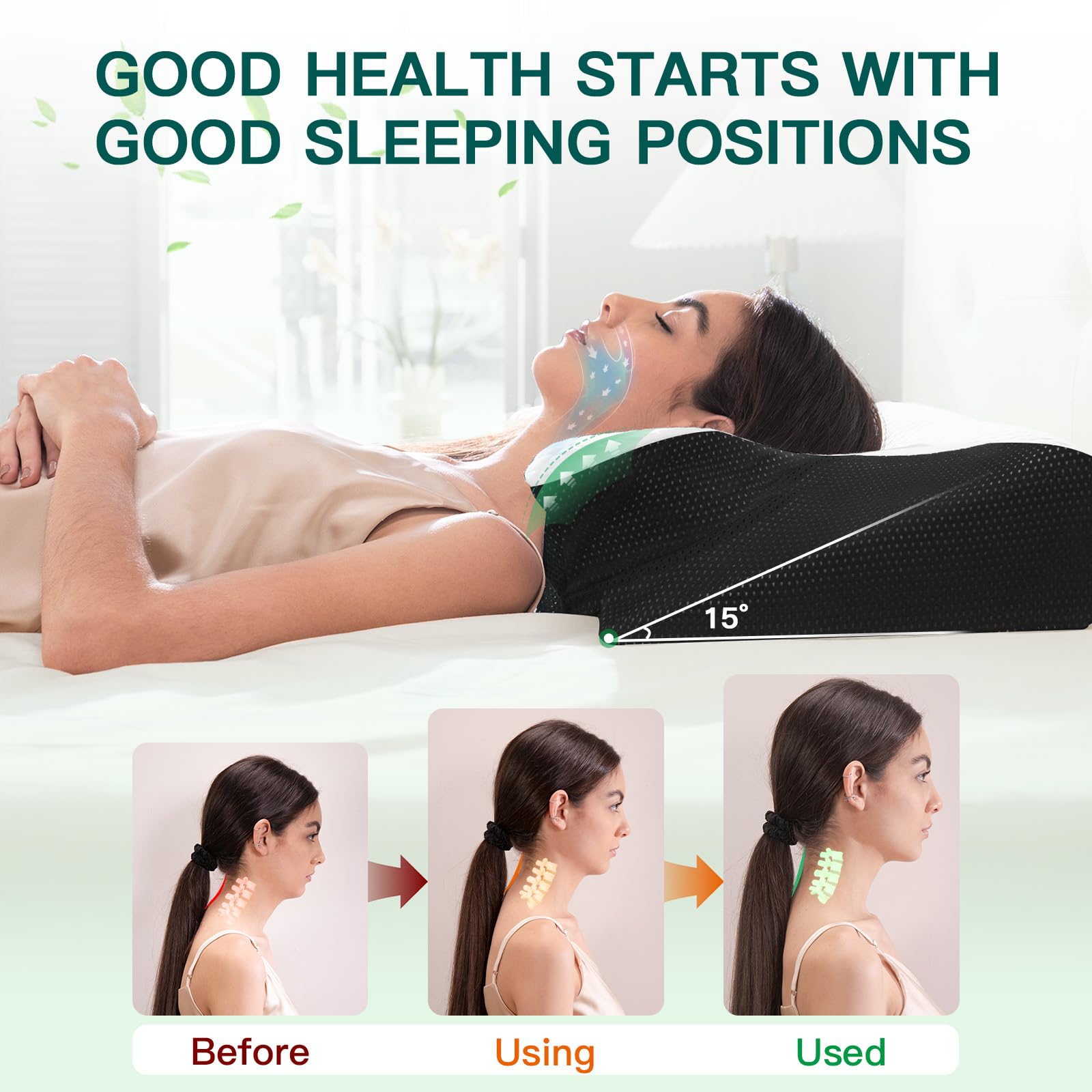 Oreiller Cervical Mémoire de Forme, Noir, 60x40x12/14cm | 2 en 1 Oreiller pour la Nuque pour Dormir Support pour Dormeurs de Côté, de Dos et sur Le Côté/Dos/Ventre