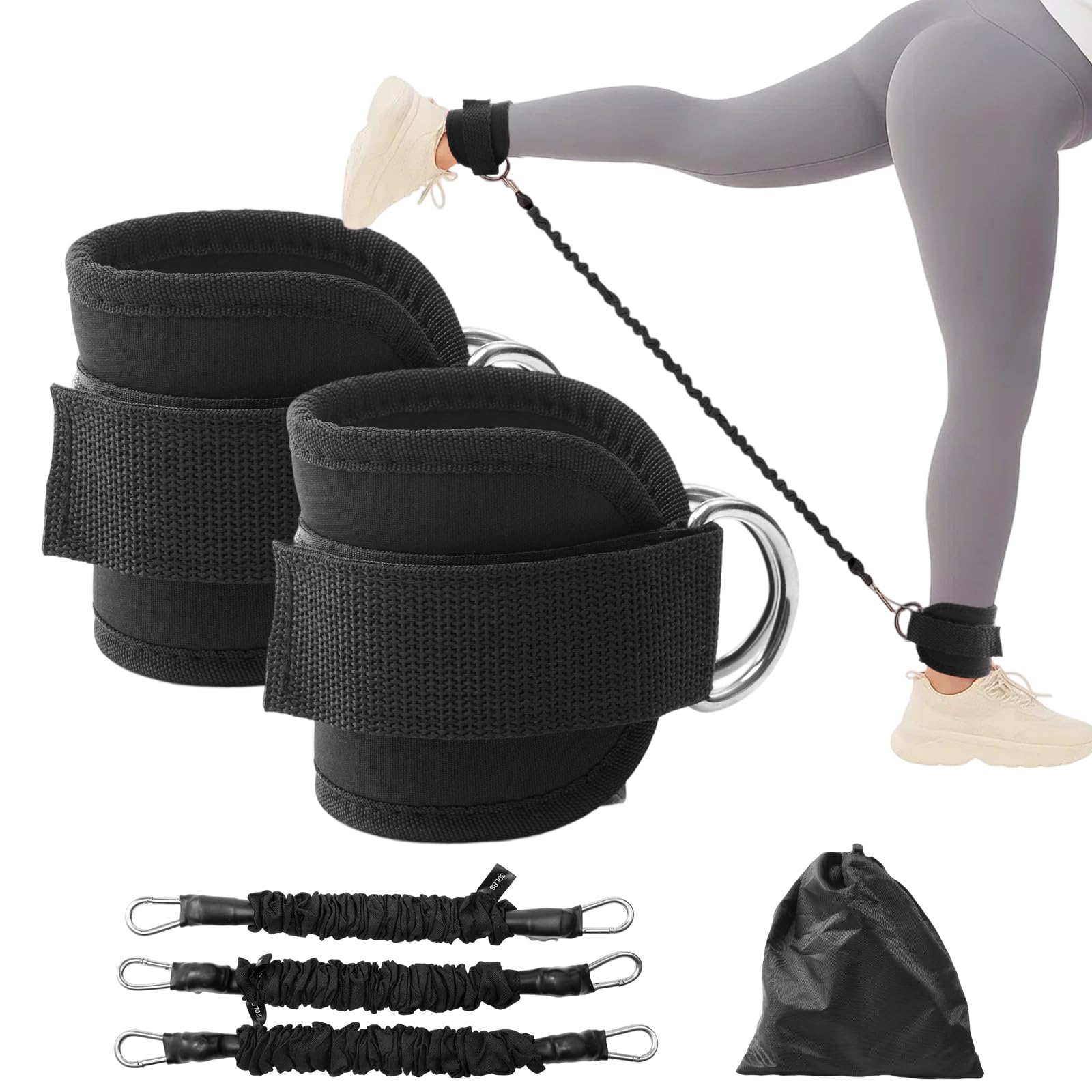 Resistance Bands with Ankle Straps Glute Leg Workout Equipment Bands Booty Exercise for Women Ankle Weights Bands with Carry Bag Home Gym Fitness Pilates Lower Body Tra (Black)