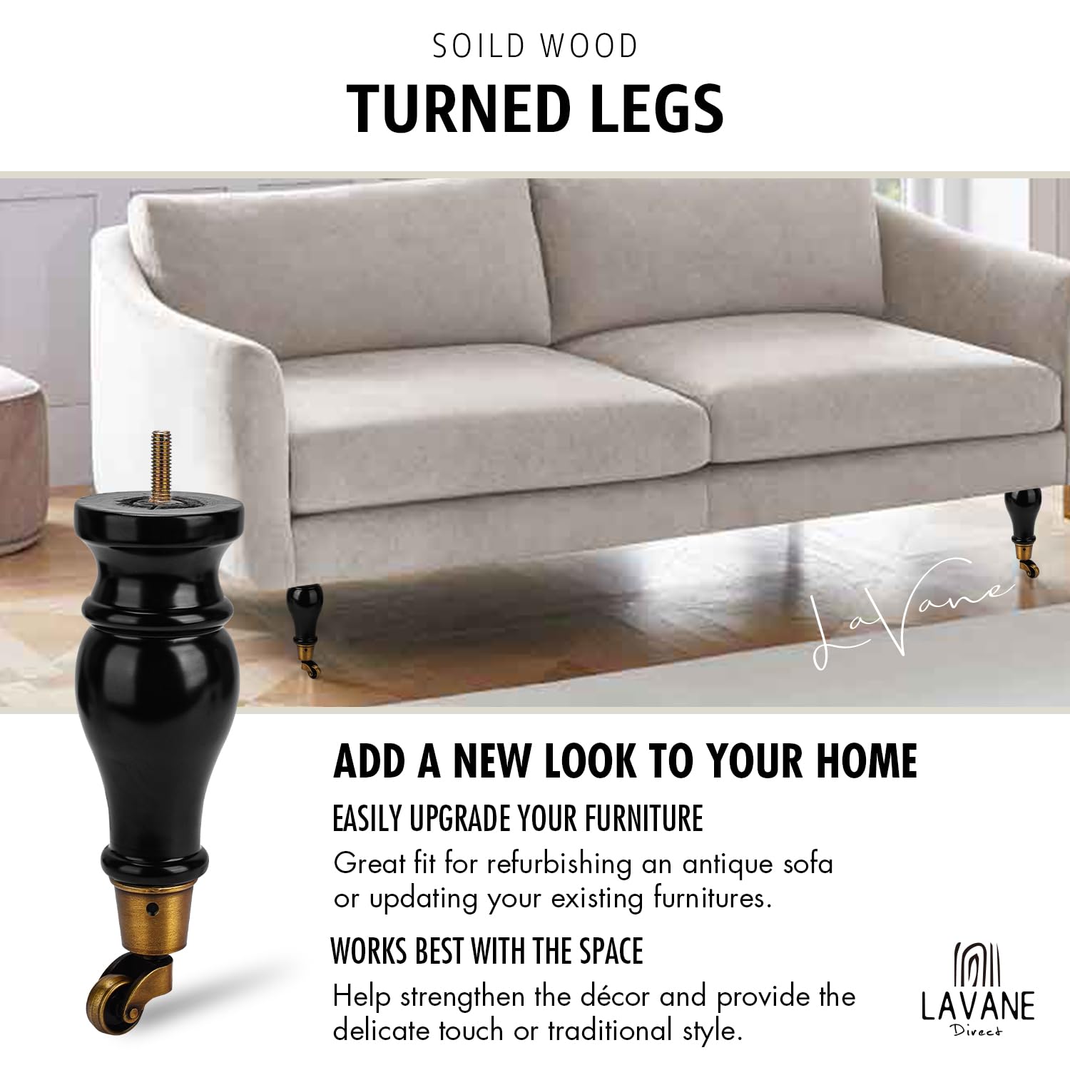 La Vane 9 inch Wooden Furniture Legs with Castor - Image 2
