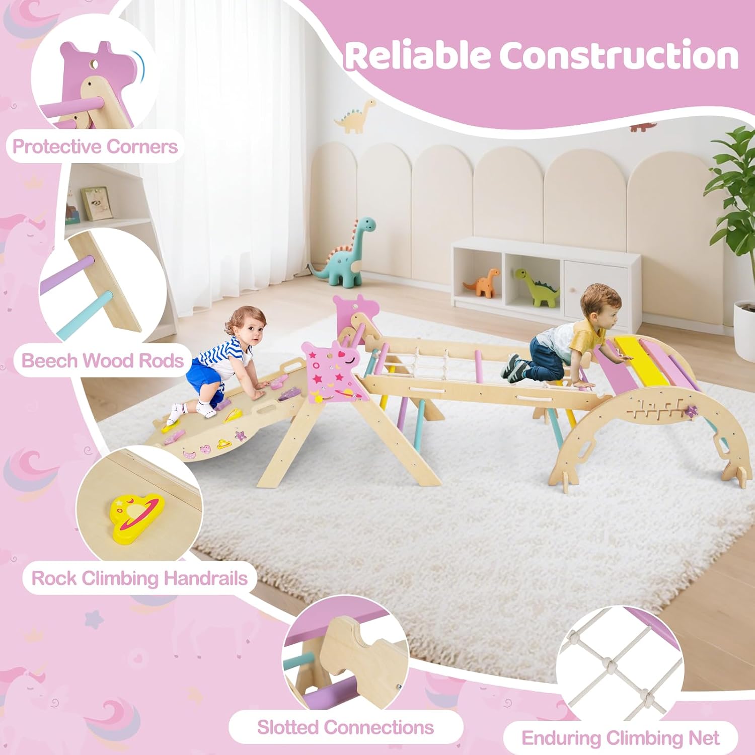 Costzon Pikler Triangle Set, 9-in-1 Foldable Baby Climbing Toys, Wood Montessori Climbing Set for Learning and Motor Skills, Indoor Playground Jungle Gym for Toddlers 3+ Climber Gifts (Pink)