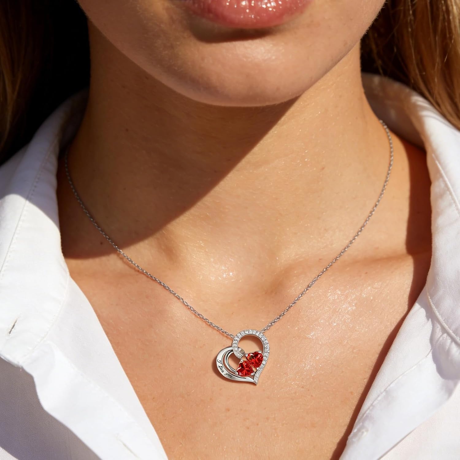 Double Birthstone Heart Necklace 0.8CT Dual-Gemstone S925 Sterling Silver Plated Wh... - Image 2