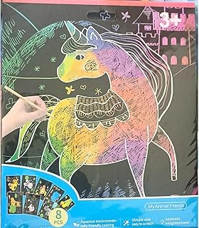 كتيب رسومات فنية من ورق مقوى، مناسب للجنسين من عمر 3 سنوات، يتميز بألوان قوس قزح ساطعة ويتضمن ستايلس للخدش. يساعد في تنمية المهارات الحركية