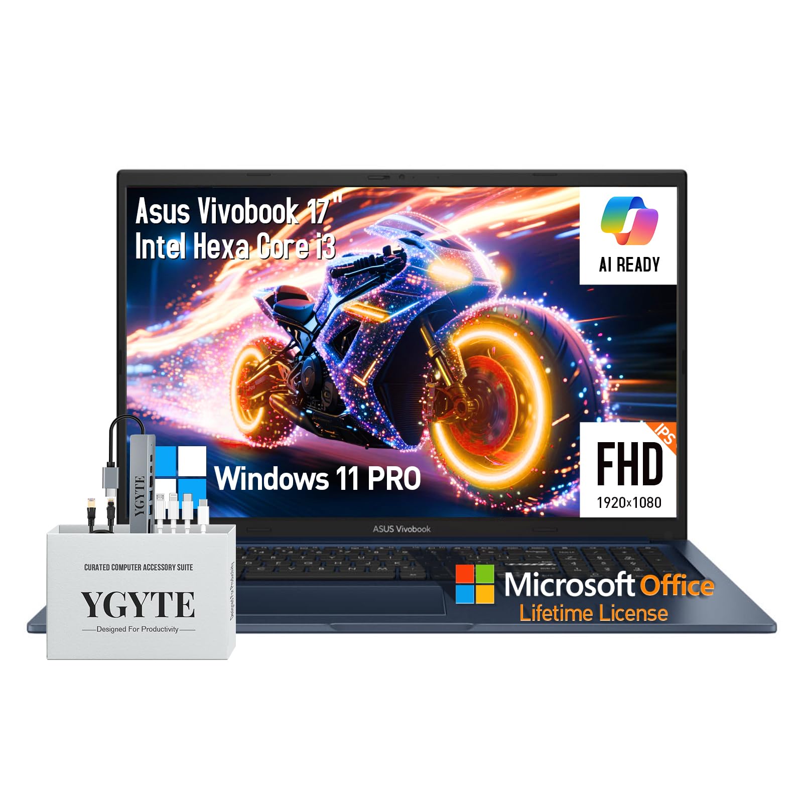 Vivobook 17 Inch Laptop Computer, 17.3 Laptop i3 FHD IPS, Intel Core i3 Notebook PC, 40GB RAM, 1TB SSD, Windows 11 Pro, Lifetime Office, 10-Key Number Pad, USB-C, Quite Blue