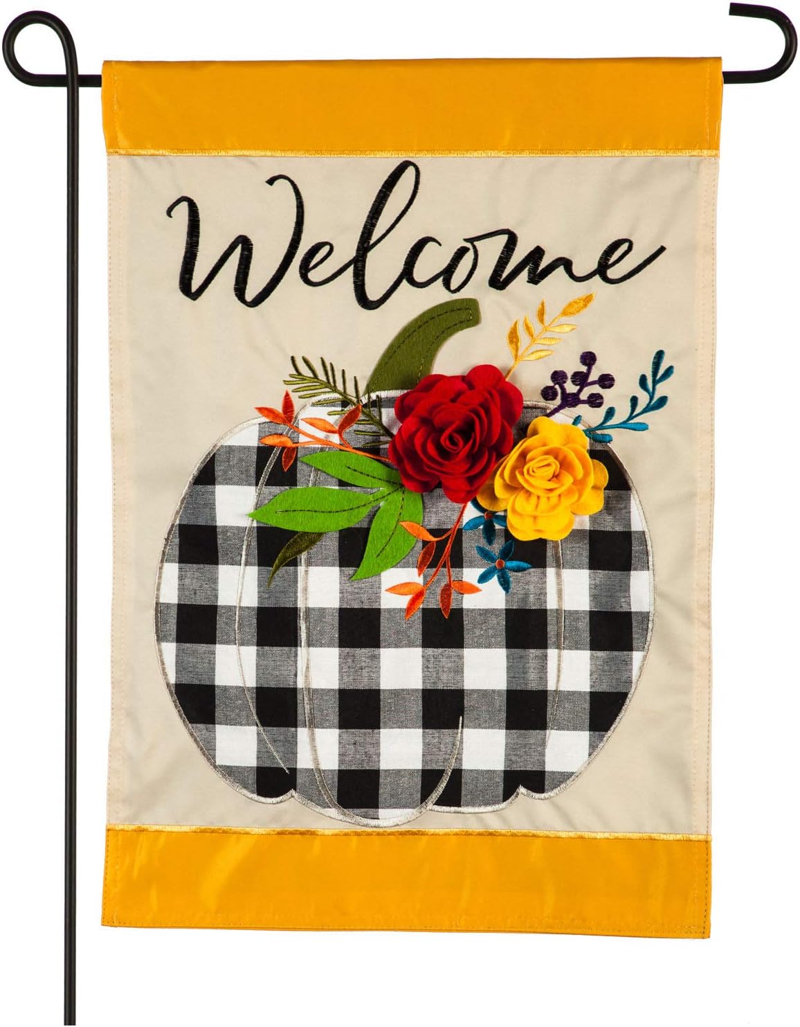 Evergreen Flag Outdoor Welcome Falg, Floral Gingham Pumpkin with 3-D Flowers and Yellow Trim Garden Flag - 12.5 x 1 x 18 Inches Indoor Outdoor Decor for Your Lawn, Patio or Garden