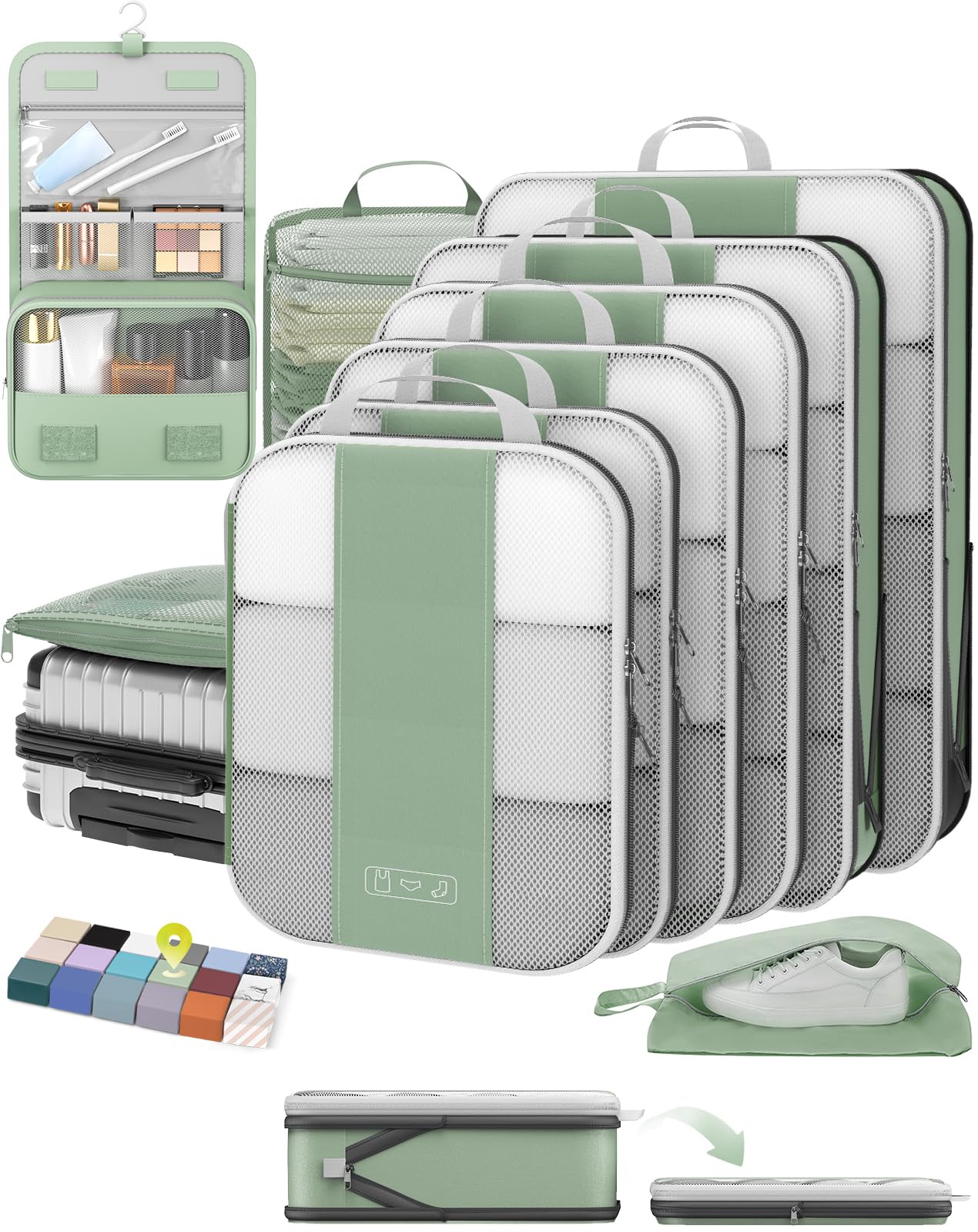 10 set compression packing cubes for travel essentials,compressible expandable packing cubes for suitcase,olarhike luggage organizer bags for travel,handy helper for organizing clothes(matcha green)