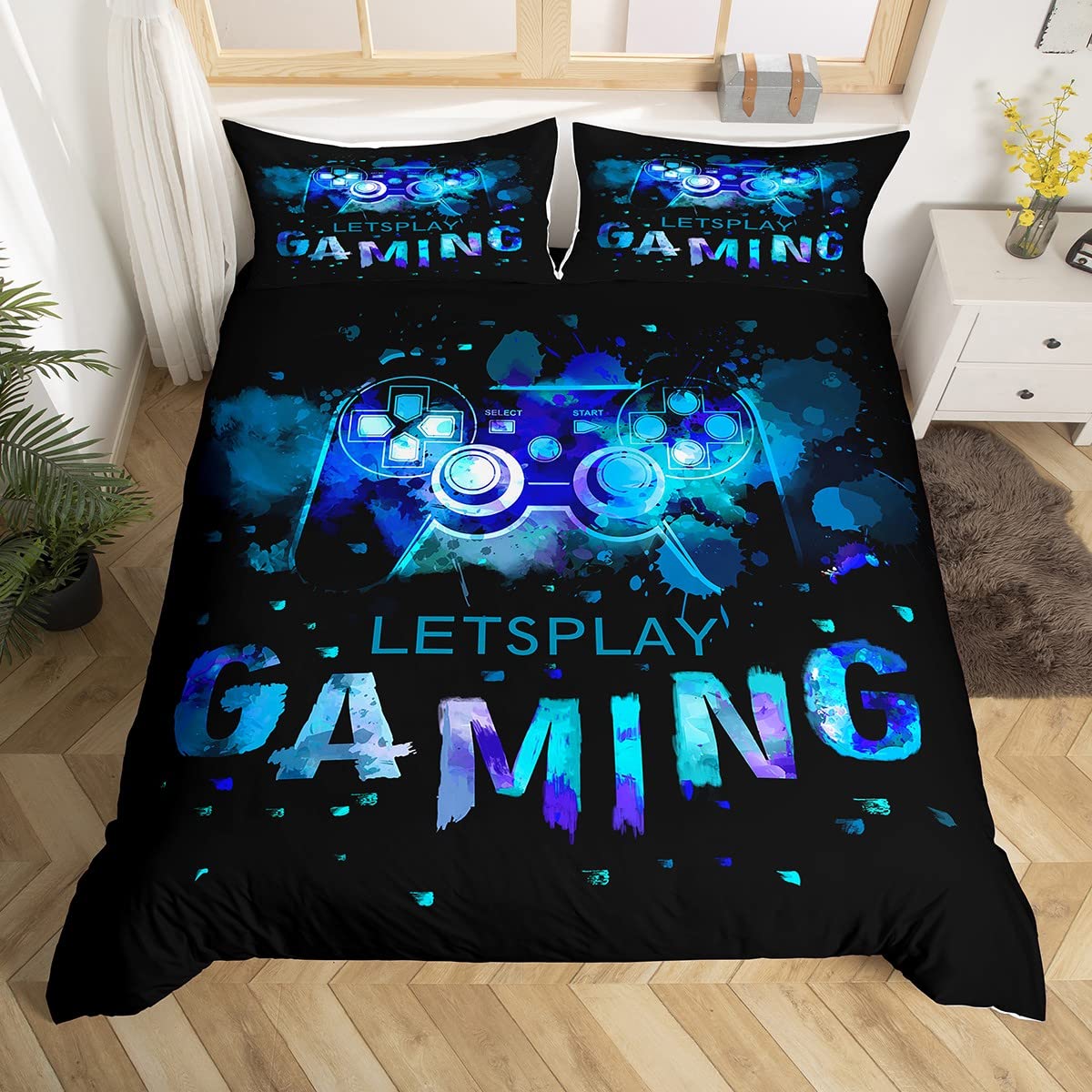 Housse de couette manette de jeu bleu et couvre-lit graffiti enfant garçon gamer