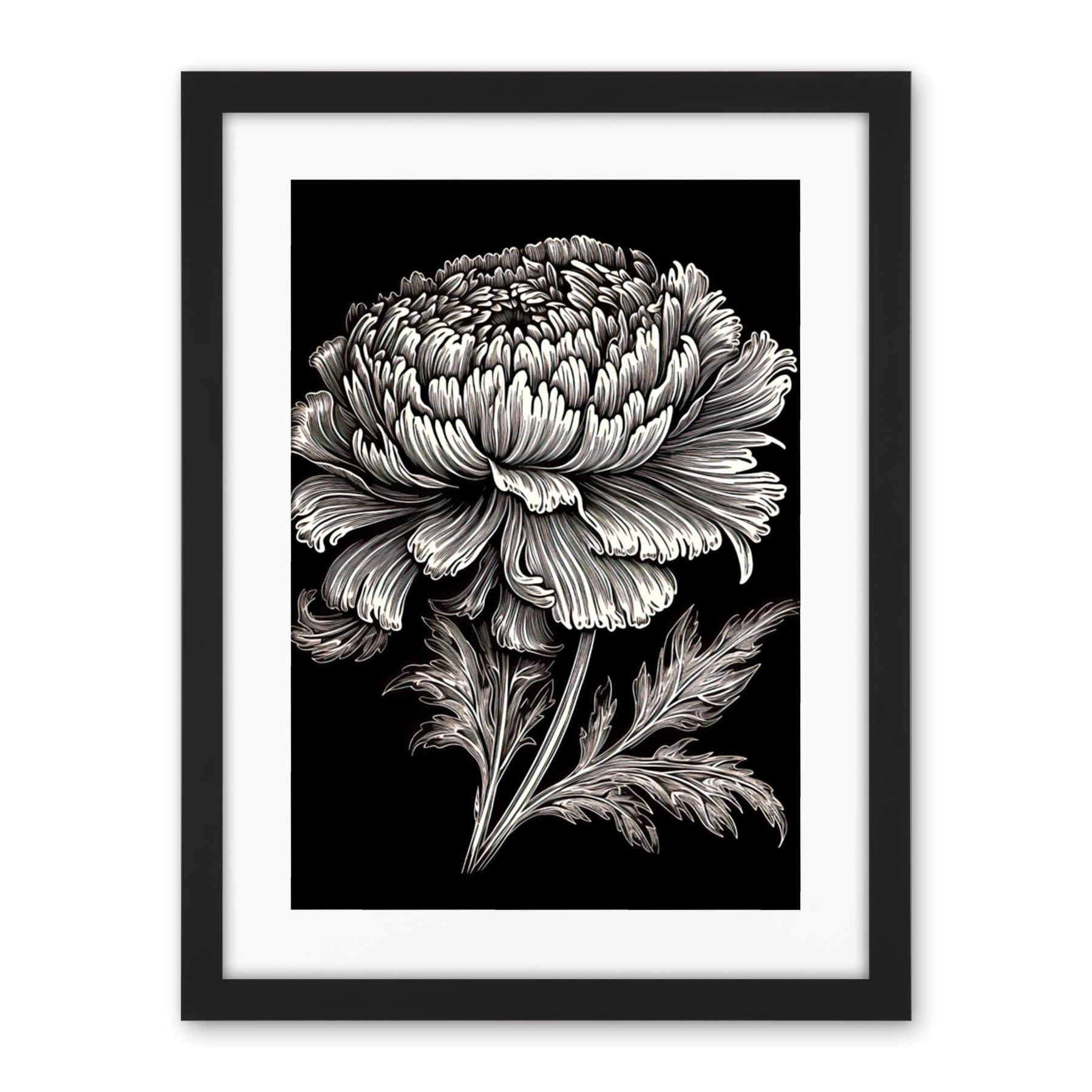 Artery8 A Single Marigold Flower Black and White Linocut Artwork Framed Wall Art Print 18X24 Inch