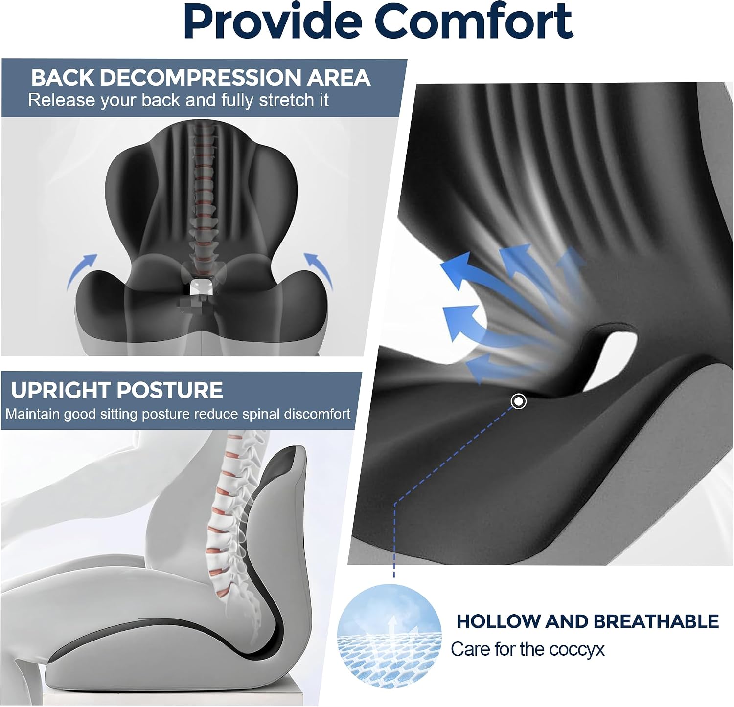 Seat Cushion for Office Chair Car, L-Shaped Ergonomic Seat Cushions,Memory Foam Orthopedic Cushion with Coccyx Hollow,Lumbar Support & Tailbone Pain Relief for Car, Truck, Home,Dark Gray & Light Gray