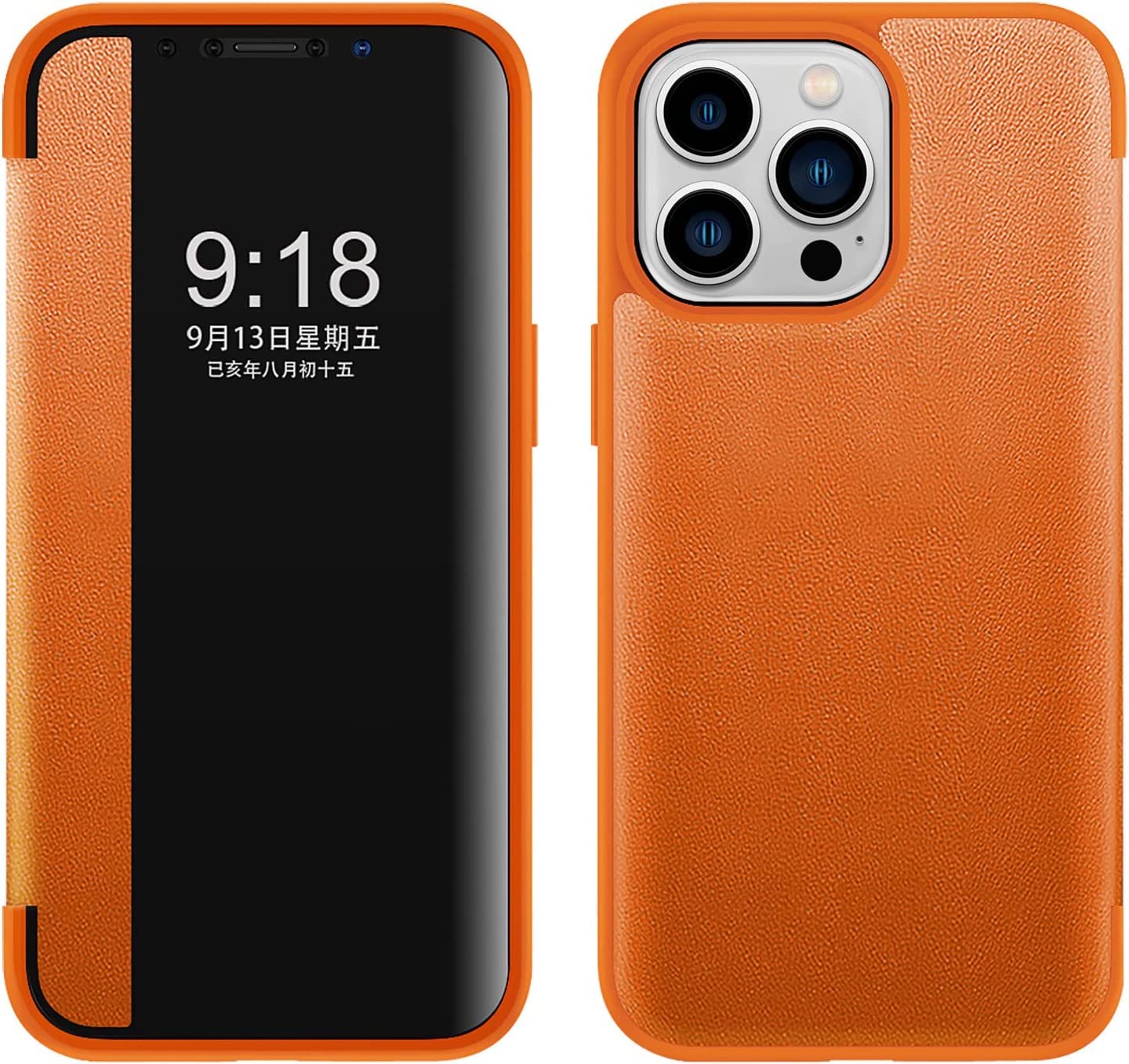 Étui en cuir PU orange pour iPhone 14 Pro Max avec clapet anti-chocs