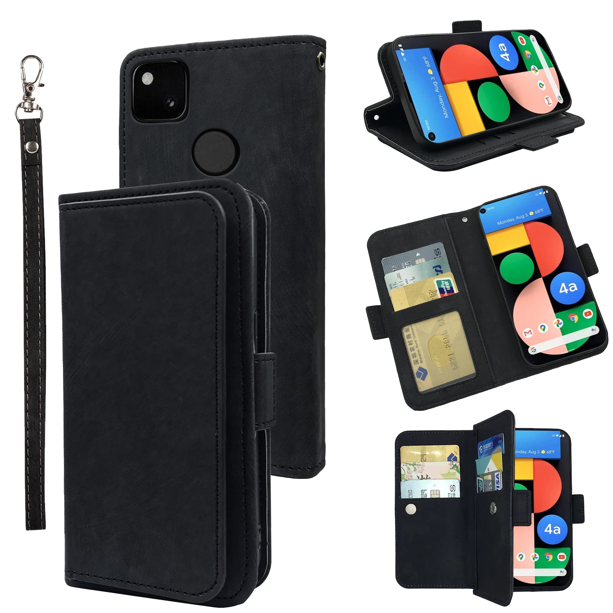 Furiet Compatible with Google Pixel 4a 5G 6.2 Wallet Case Wrist Strap Lanyard Leather Flip Card Holder Stand Cell Accessories Phone Cover for Pixel4a5G UW Pixel4a 5G Pixle a4 G5 4a5G 5XL Black