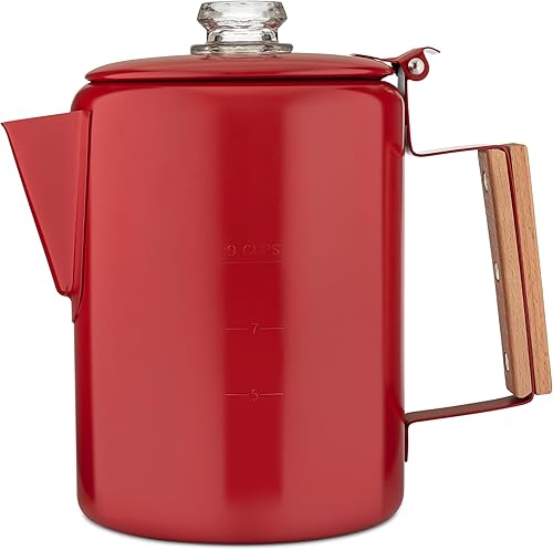 COLETTI Bozeman - Cafetera percoladora roja, cafeteras de campamento, percoladora favorita de campamento, sin aluminio o plástico 9 tazas, rojo
