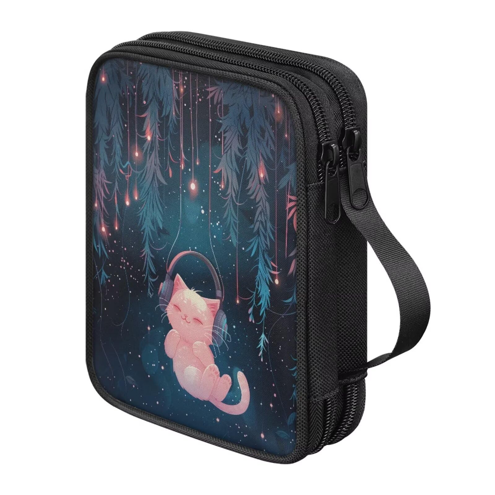 Hechitok Pink Cat Forest Empty Crochet Hook Case with Handle Portable Travel Crochet Storage Bag Organizer Zipper Bags with Web Pocket and Crochet Holder Slots for Crochet Knitting Accessories