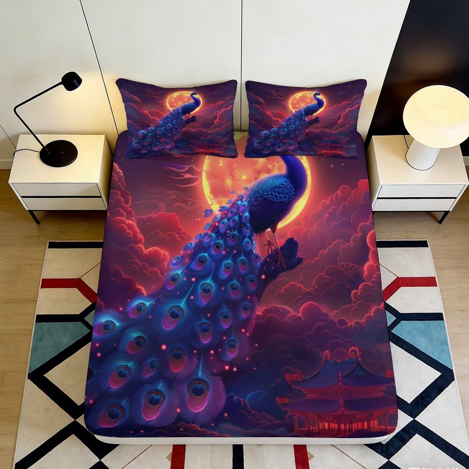 3D Printed Sunset Peacock Fitted Sheet Microfiber Artistic Purple Mattress Cover for Bedroom Guest Room Decor Protection 90x200x25cm