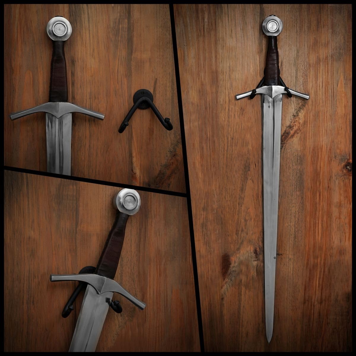 Mythrojan Handgeschmiedeter Schwertständer, Wandhaken, Schwert-Aufhänger, Display, universeller Schwerthalter, Wandhalterung für Schwert, Dolch, Axt, Präsentationsständer, schwarzes Finish