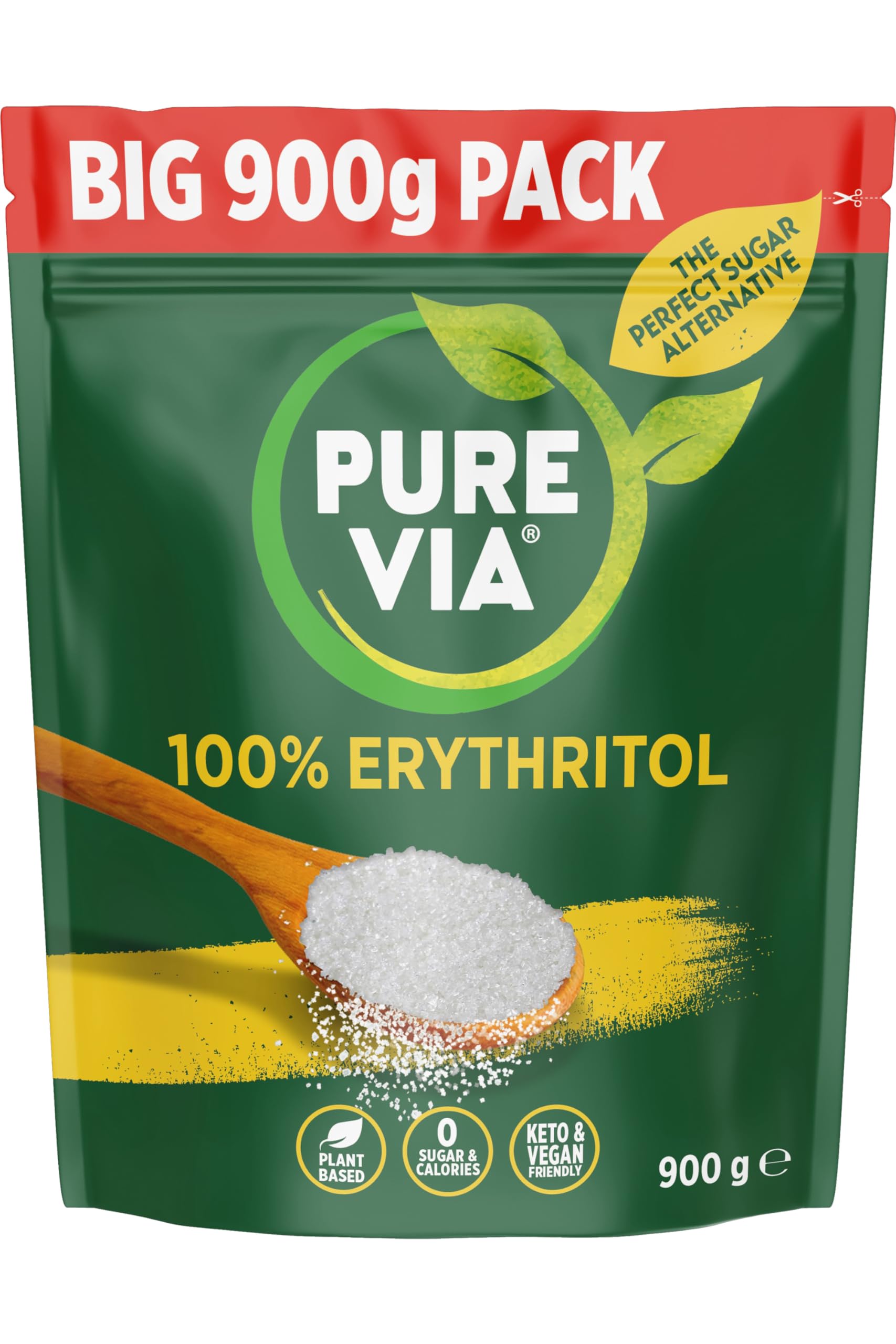 Pure Via Erythritol 900g Pack,Low Calorie & Keto Friendly Sugar Alternative, Non-GMO Certified Granulated Sweetener