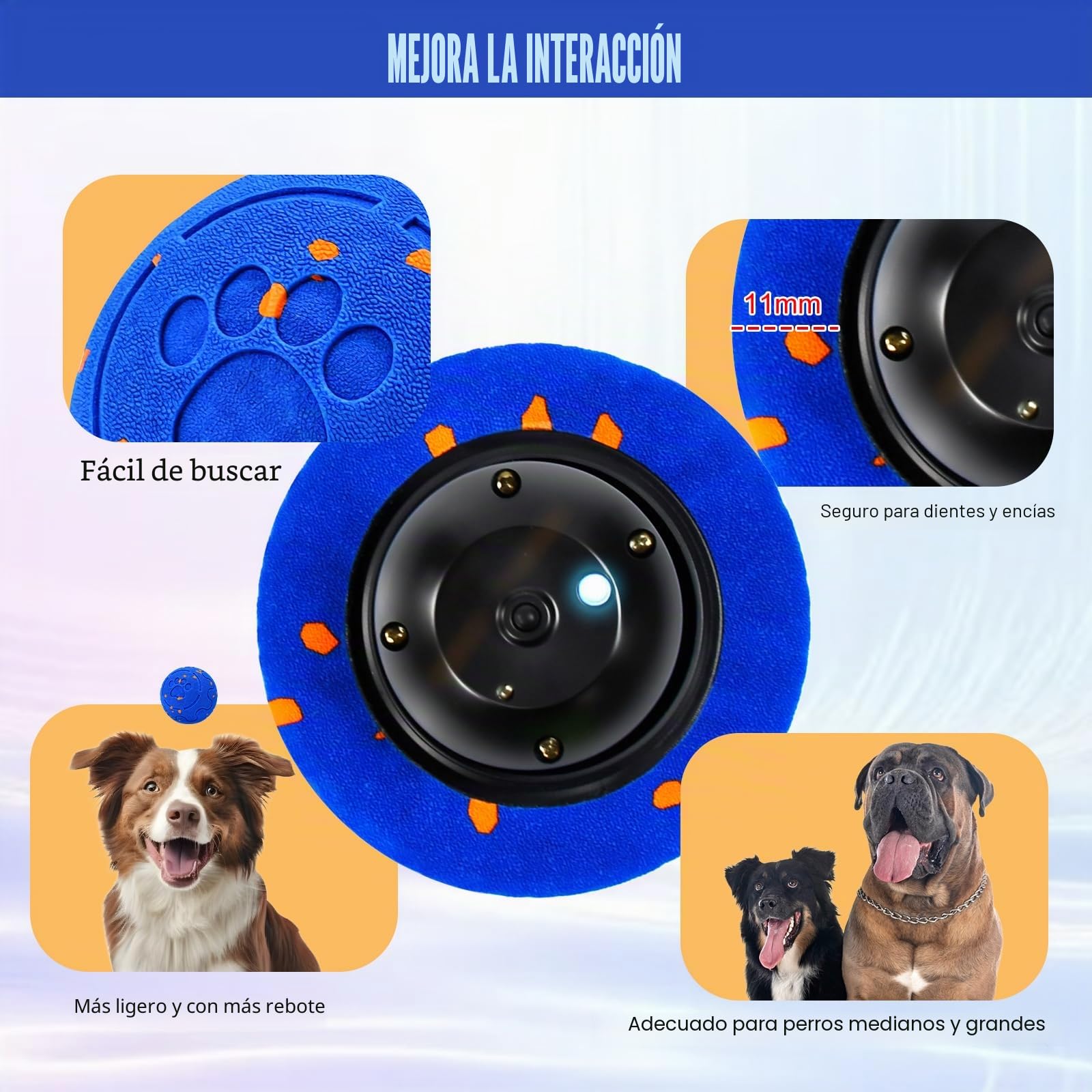 Juguete para perros con inteligencia, pelota para cachorros, pelota para cachorros, juguete inteligente interactivo para perros con luz y 3 modos de juego (azul/no luz)