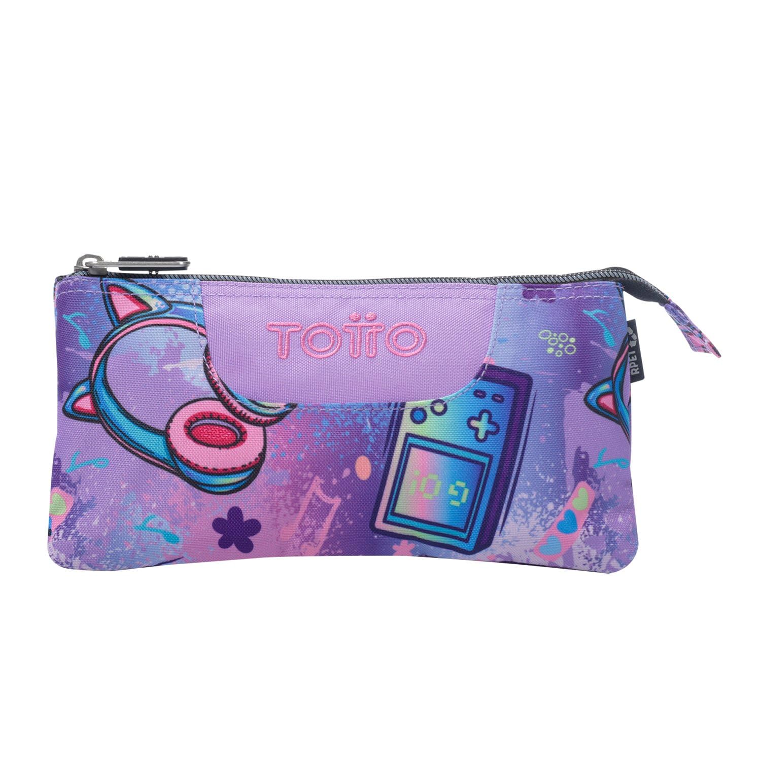 TOTTO - Estuche Escolar 3 Compartimentos, Modelo Tablero, Estuche Grande, Dimensiones 22 x 11 x 3.5 cm, Una Cremallera, Tejido Resistente y Repelente a Líquidos, Estampado Meowsical