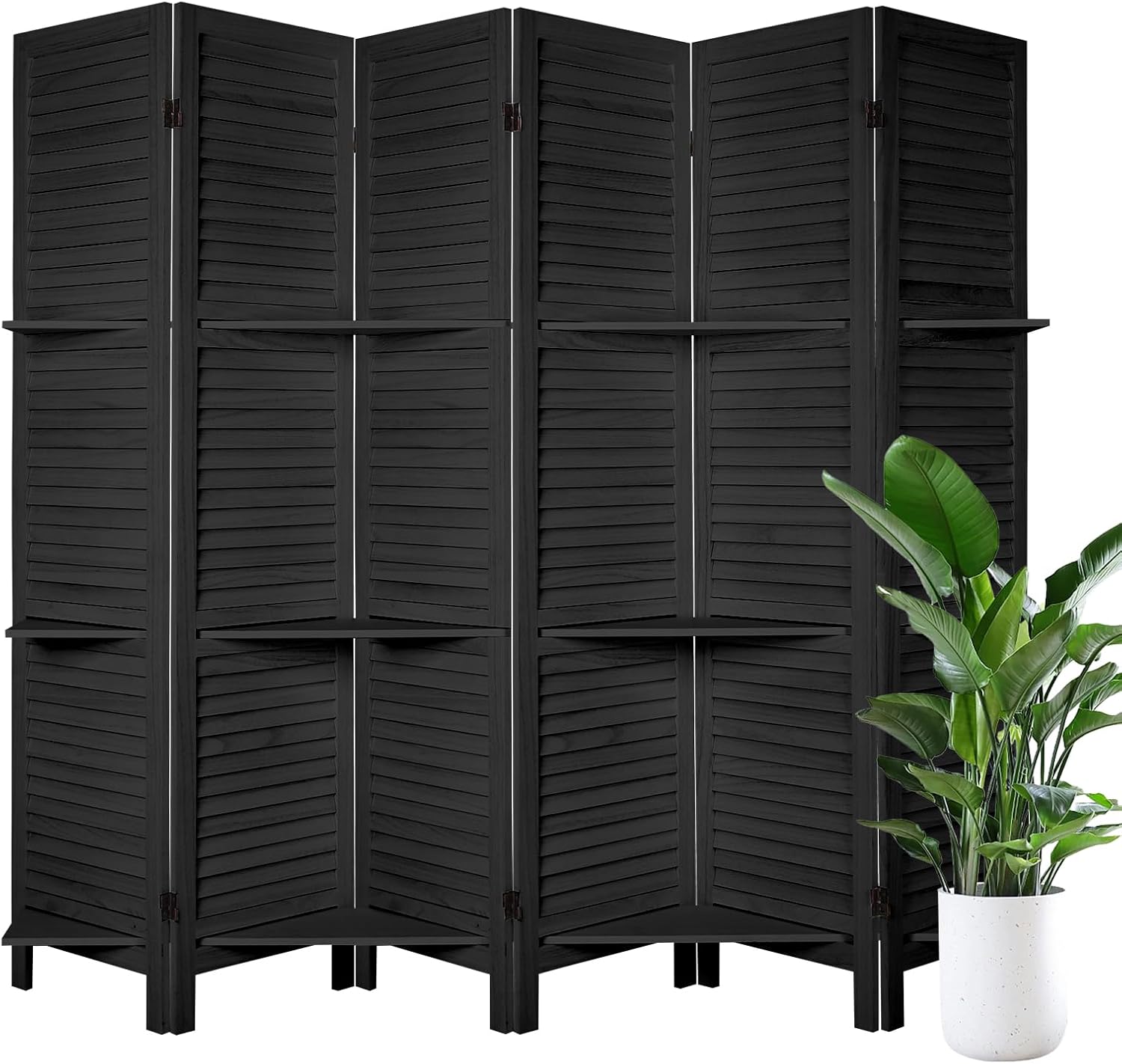 6 Panel Room Divider with Shelves, Room Dividers and Folding Privacy Screens, Wall Divider for Room Separation, Room Separator Divider Wall, Black