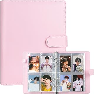 A5 Kpop Photocard Binder, 6 Ring Binder Album with 200 Card Slots, PU Leather Binder Cover with Magnetic Buckle Closure for Organizing Trading Cards - Pink