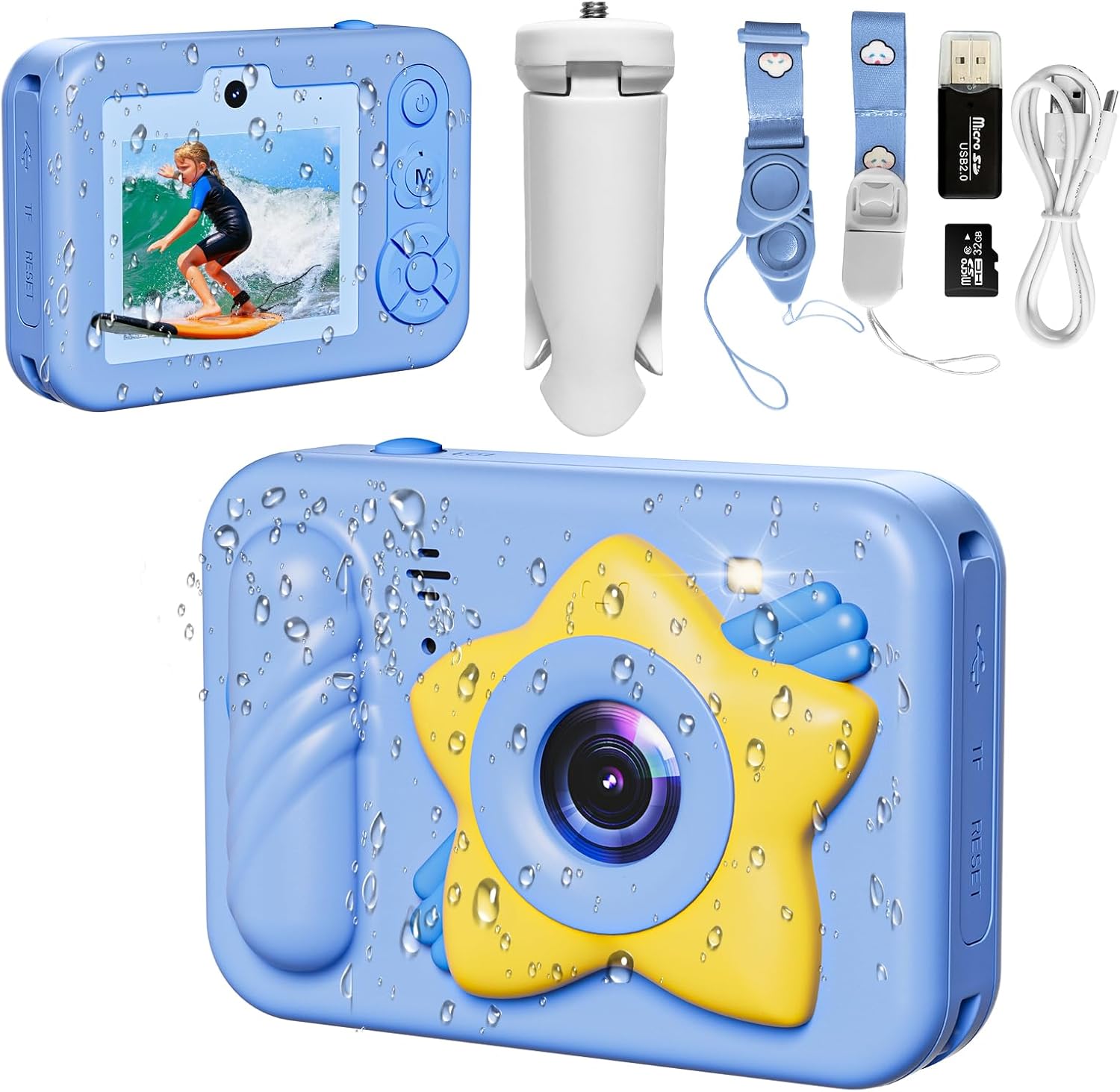 Underwater Camera, 48MP 5FT Waterproof Digital Camera with 32GB Card, Autofocus Floatable Waterproof Camera with HD Screen, 8X Digital Zoom, for Kids Water Park, Swimming (Star Style, Blue)