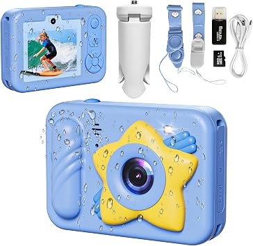 Underwater Camera, 48MP 5FT Waterproof Digital Camera with 32GB Card, Autofocus Floatable Waterproof Camera with HD Screen, 8X Digital Zoom, for Kids Water Park, Swimming Star Style, Blue