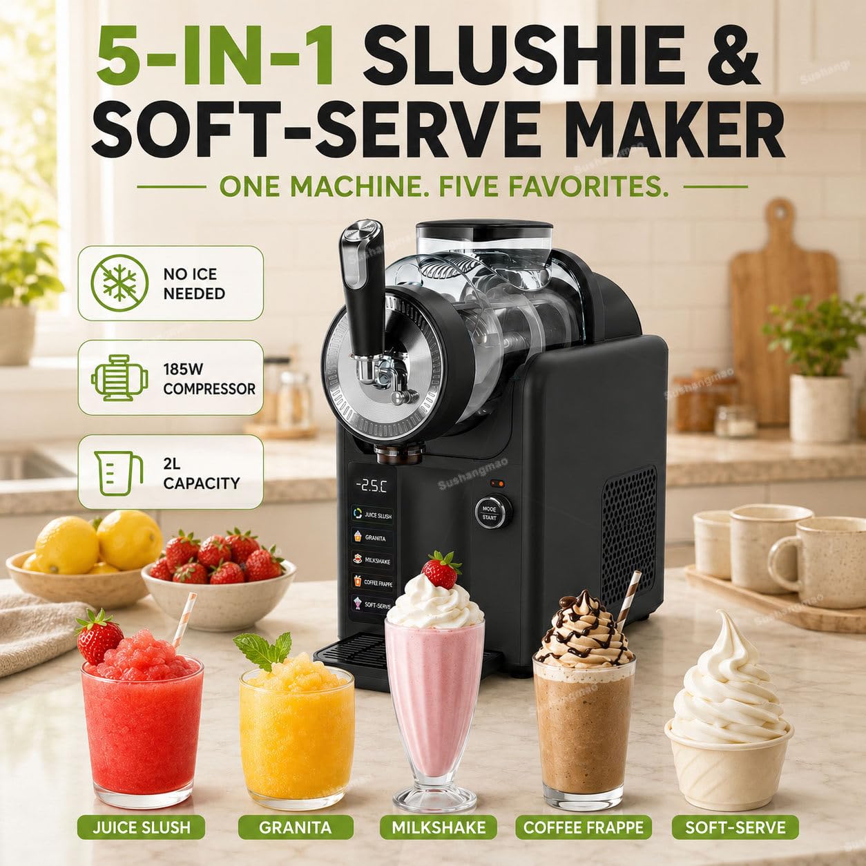 Máquina de Slush sin Hielo, Máquina 5-en-1 de Helado Suave & Bebidas, 2L Autolimpiable con Textura Ajustable & Bloqueo Infantil – para Granita, Batido, Frappé de Café White