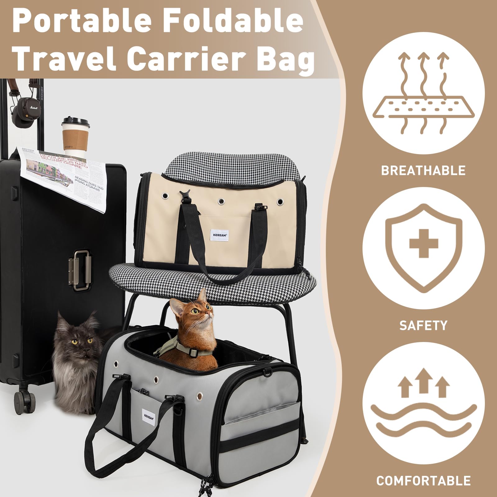 Transportador de viaje para mascotas de hasta 15 libras, bolsa de viaje plegable portátil con gran capacidad, aprobada por aerolíneas, impermeable, malla transpirable y lados suaves para