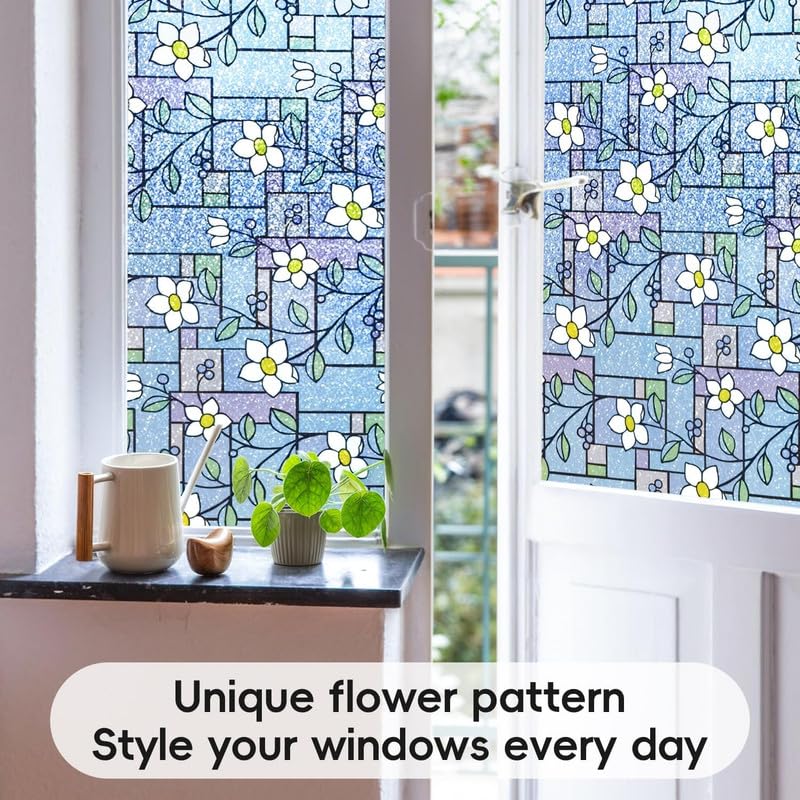 Image of Blue Flowers Printed GlassFilm Window Film Window Sticker Glass stickerFor Privacy, Sun Control, Decor for Home, Office & Bathroom (12 Inch X 60 Inch)