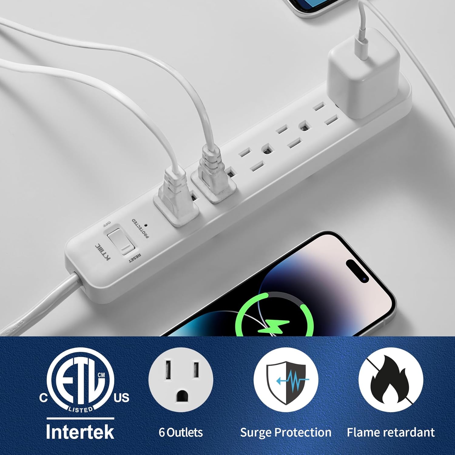 Surge Protector Power, 6ft Extension Cord, Power Strip,for Kitchen and Office Etl Listed, White