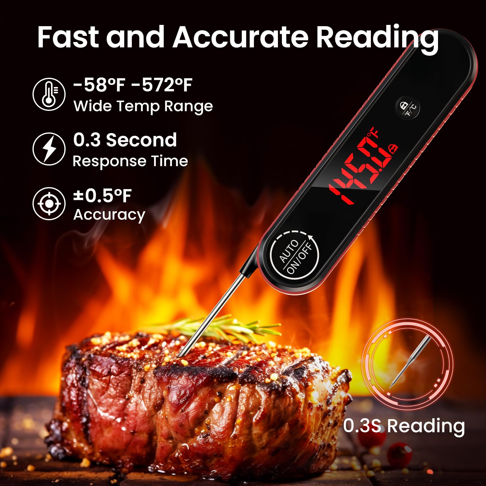 Termometro digitale per carne, 0,3 s, lettura istantanea, con display a LED rotante automatico e funzione di calibrazione, retro magnetico per cucinare, grigliare, barbecue, affumicatore
