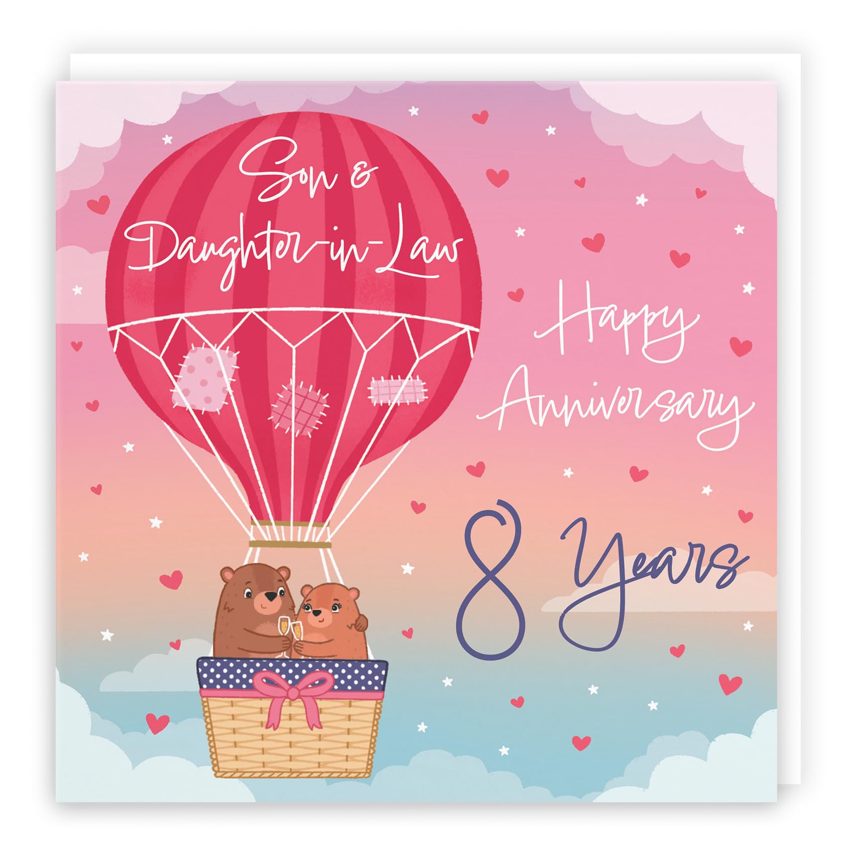 Hunts England, 8th Son And Daughter-in-Law Hot Air Balloon Anniversary Card, Cute Bears