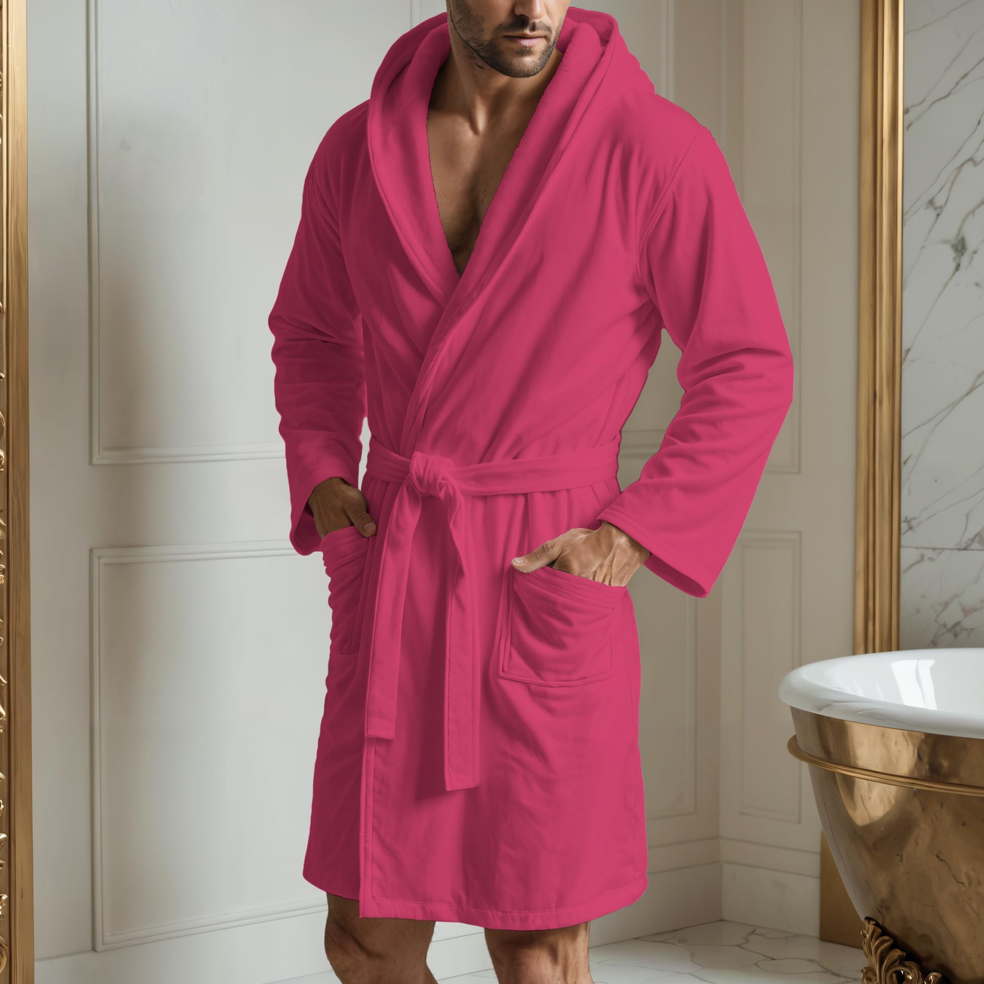 PETTI Artigiani Italiani Szlafrok z Mikrofibry Męski Damski z Kapturem, Kieszeniami, Paskiem, Unisex Szybkoschnący na Siłownię, Basen, Plażę, Spa, Fuksja, XL