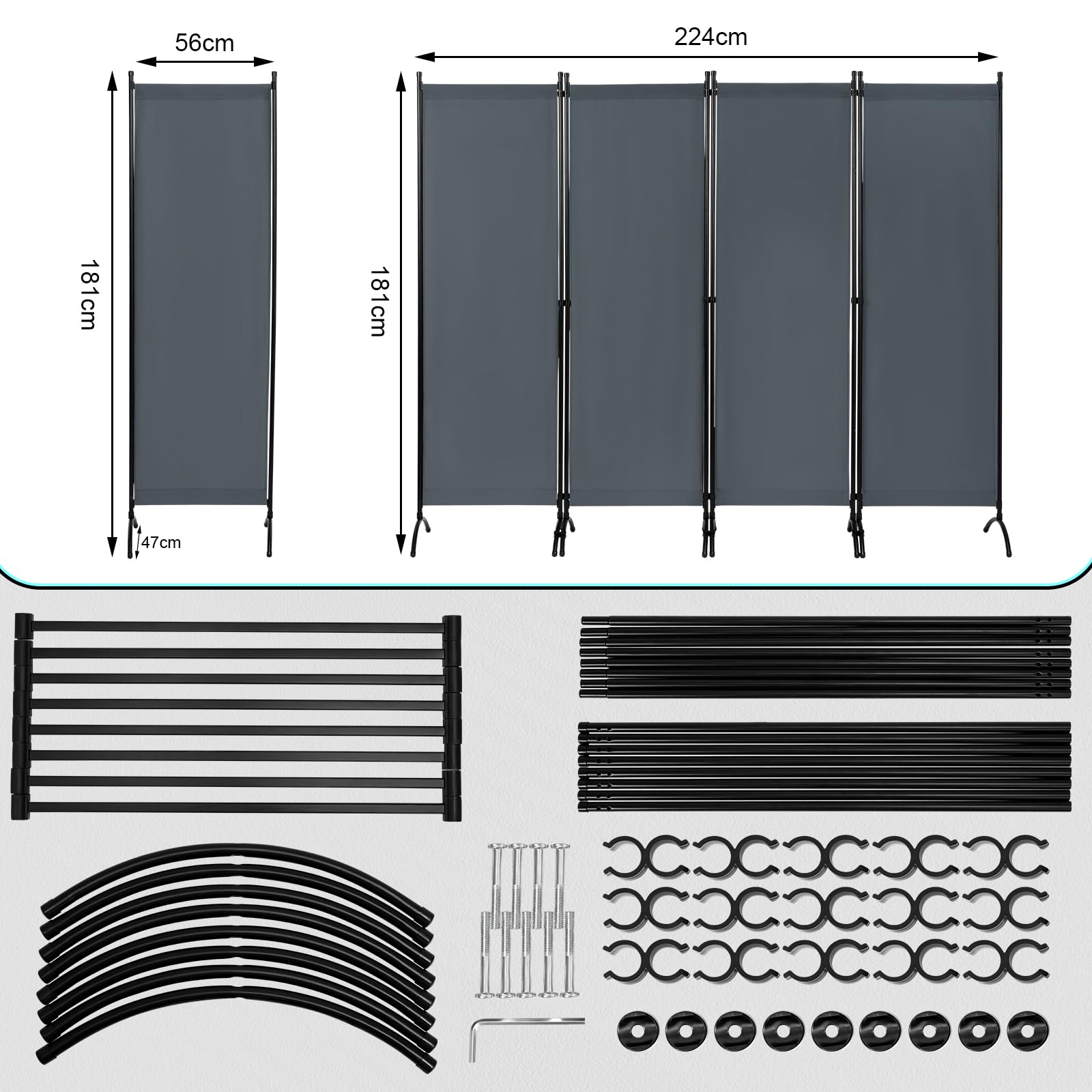 WOLTU Paravent 4 Teilig 224x182 cm Dunkelgrau, Raumteiler Freistehend Trennwand und Klappbar, Sichtschutz Spanische Wand für Innen- und Außenbereich, Ideal für Wohnzimmer, Balkon und Garten